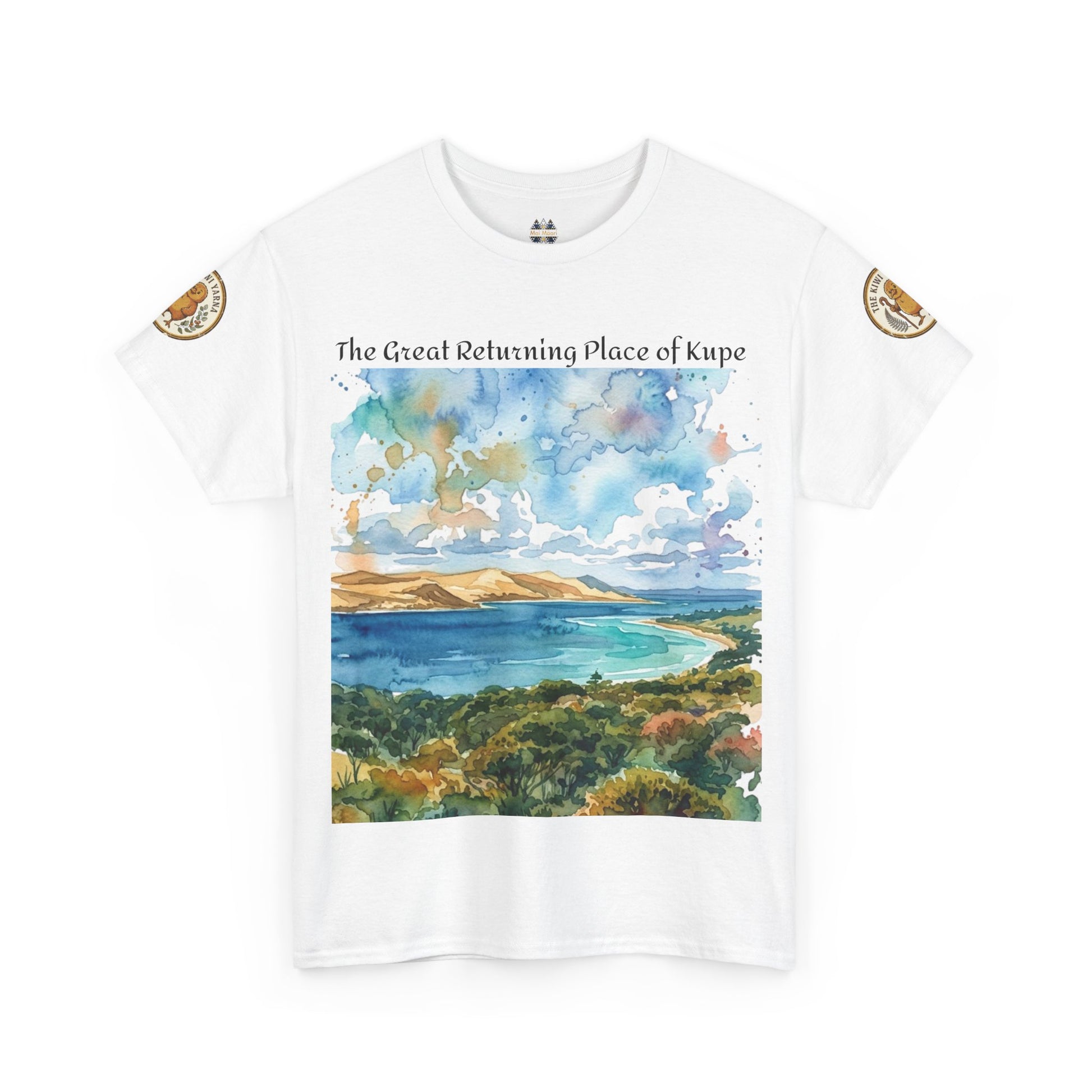 White crewneck T-shirt with watercolor shoreline landscape graphic and sleeve badges