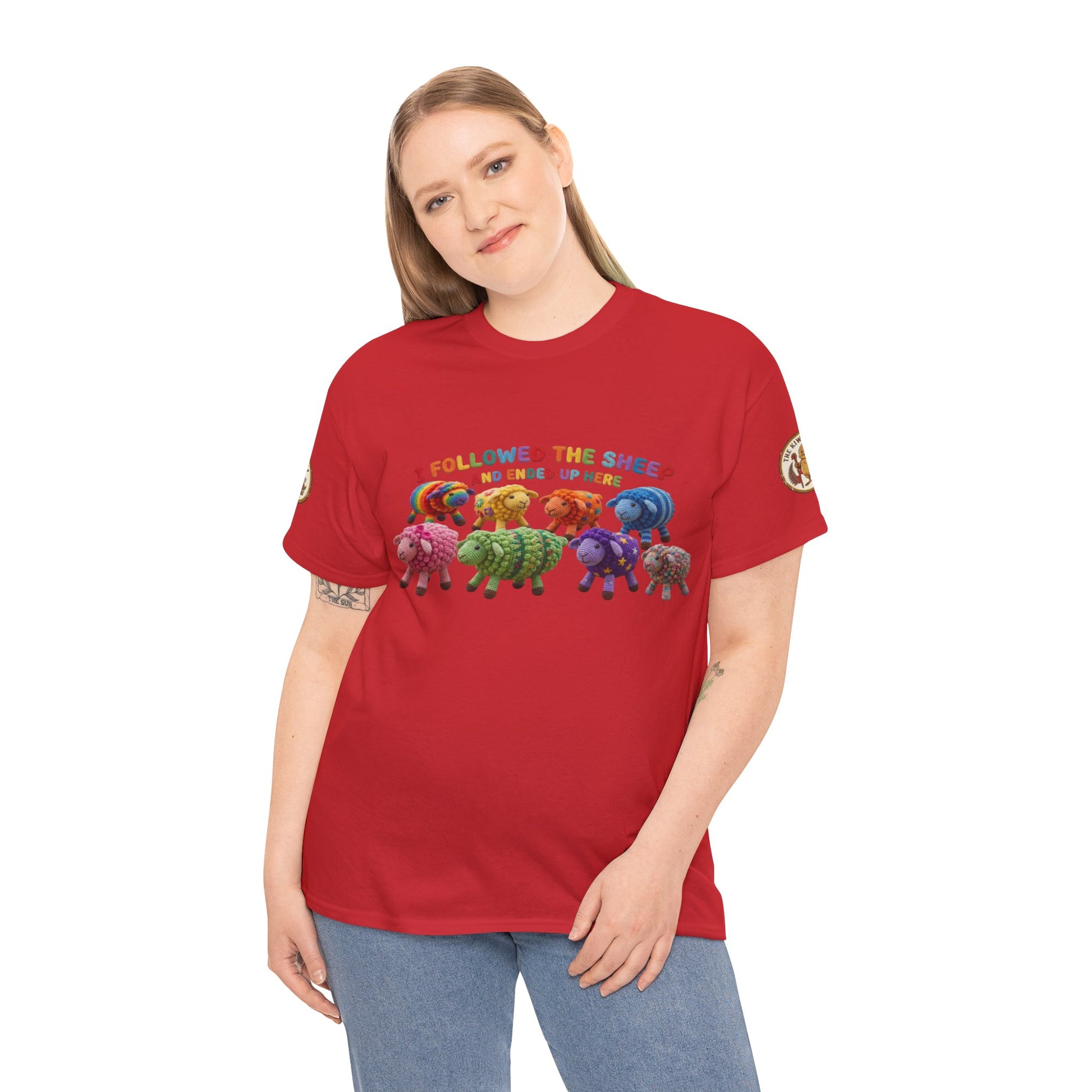 Red crewneck T-shirt with colorful sheep herd graphic and short sleeves