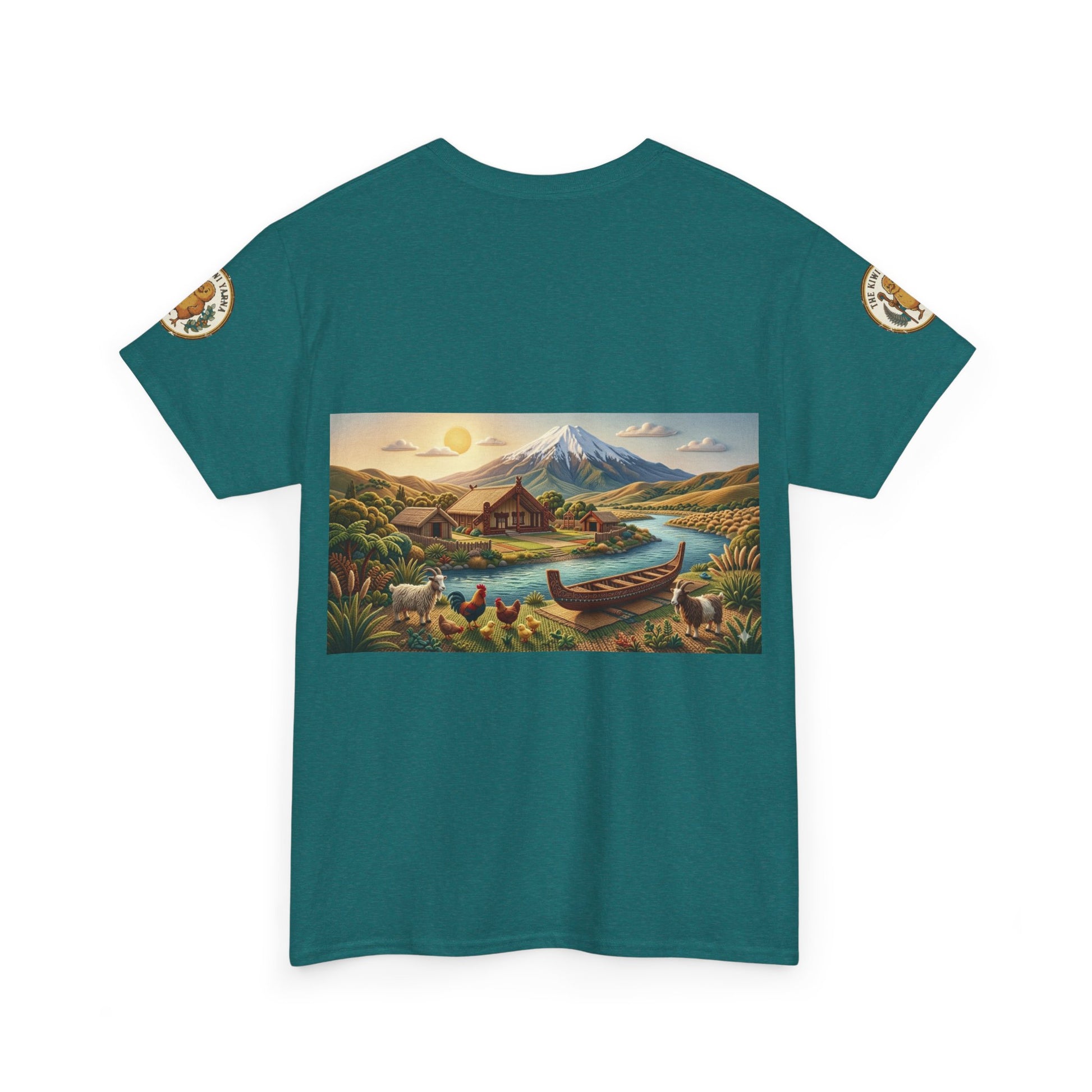 Teal crewneck T-shirt with rectangular landscape graphic showing a canoe near a mountain.