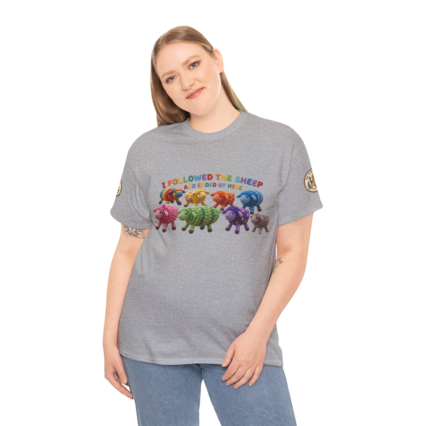 Gray heather crewneck T-shirt on model with front multicolor sheep graphic