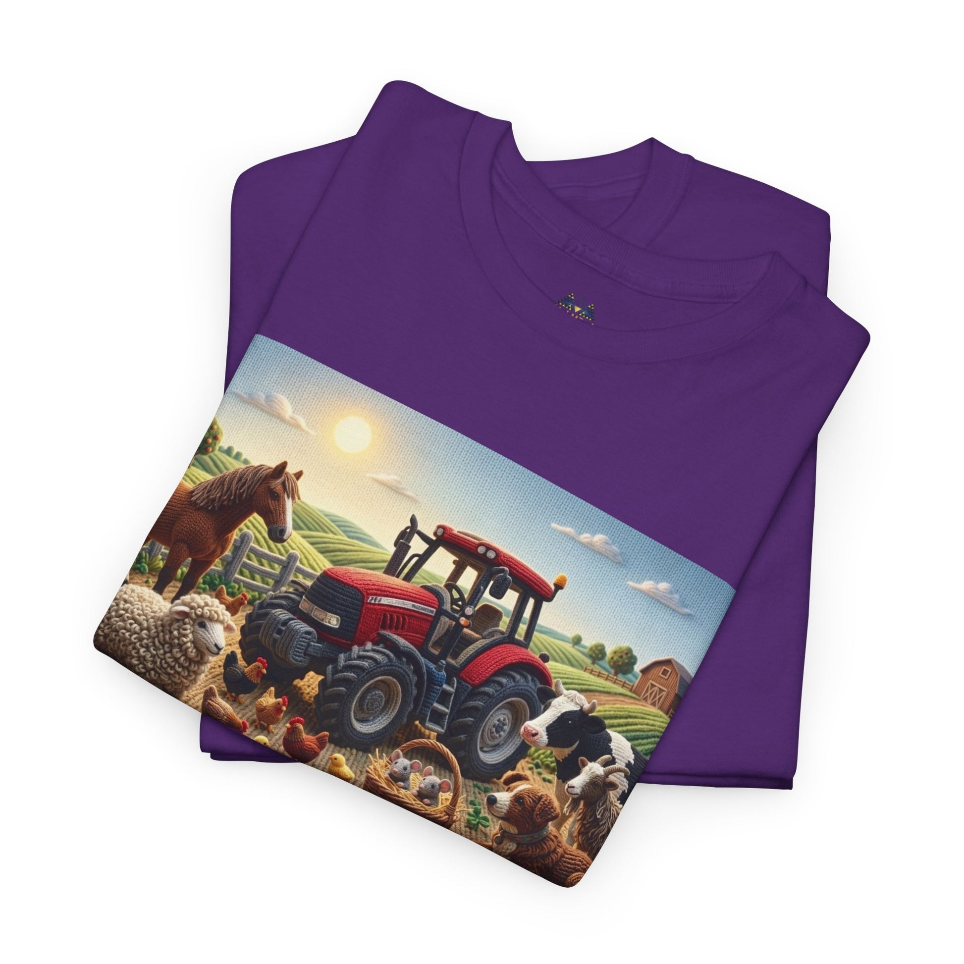 Purple T-shirt with diagonal farm graphic featuring tractor, horse, and sheep