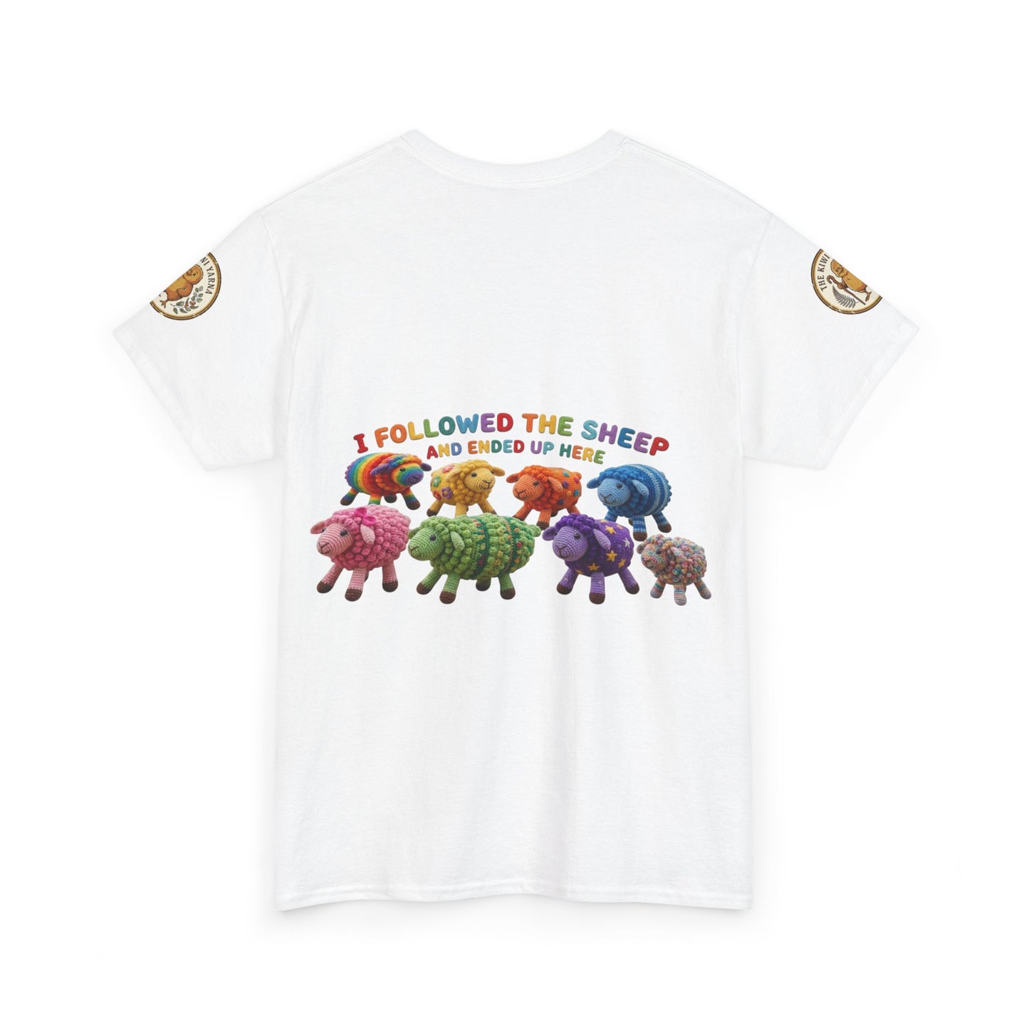 White crew-neck T-shirt with colorful sheep herd graphic on front