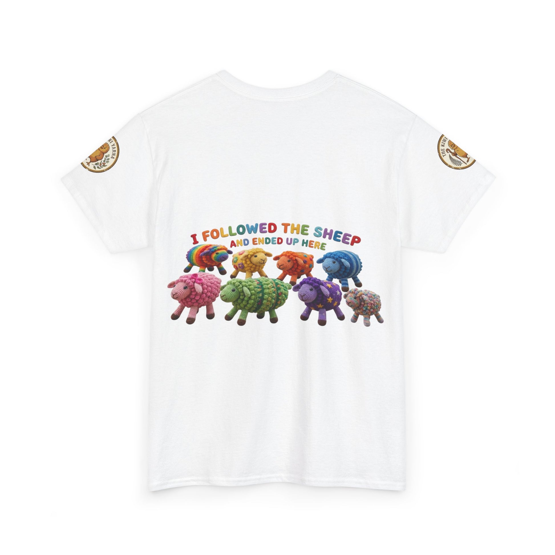 White crew-neck T-shirt with colorful sheep herd graphic on front