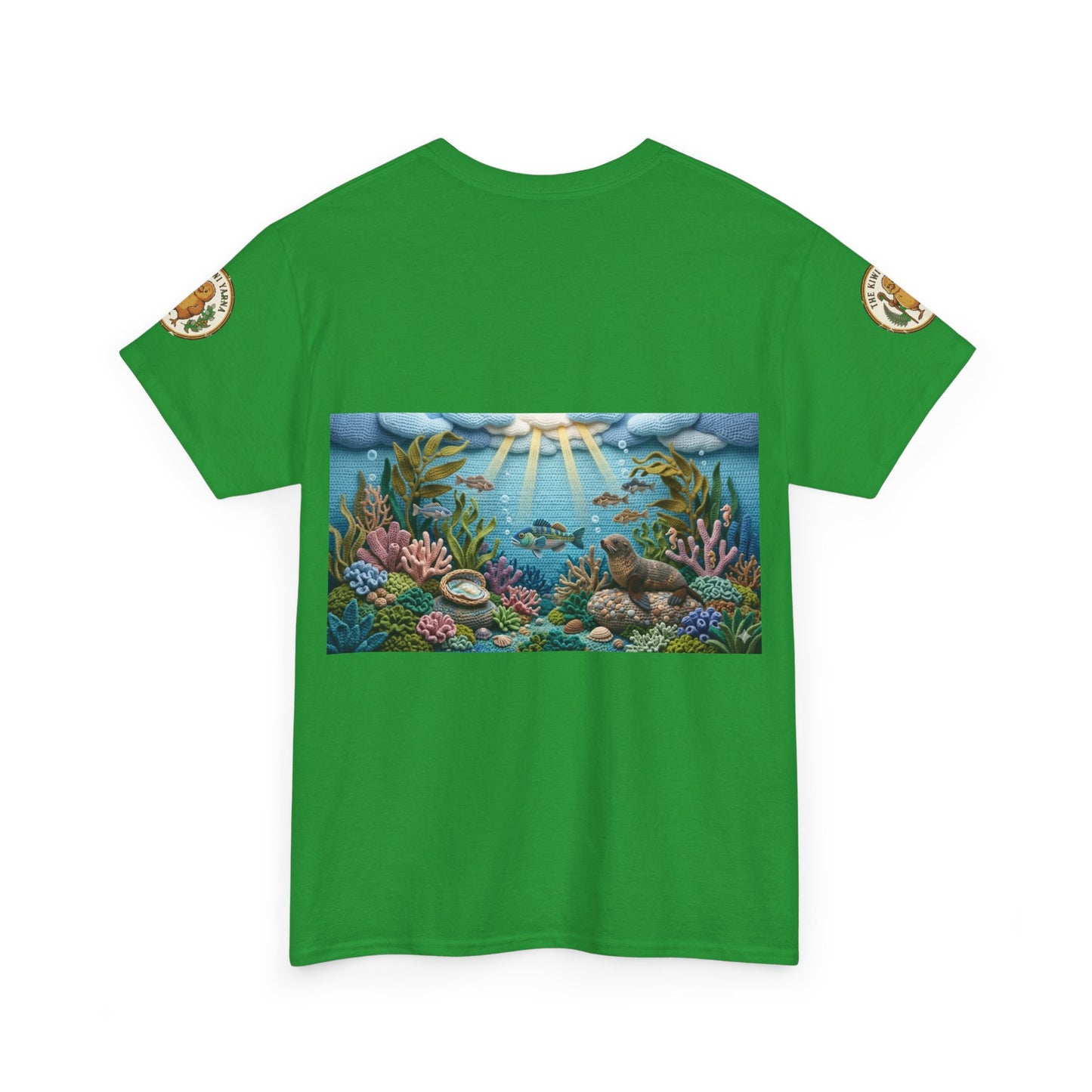 Green crew-neck graphic T-shirt with rectangular ocean scene front print