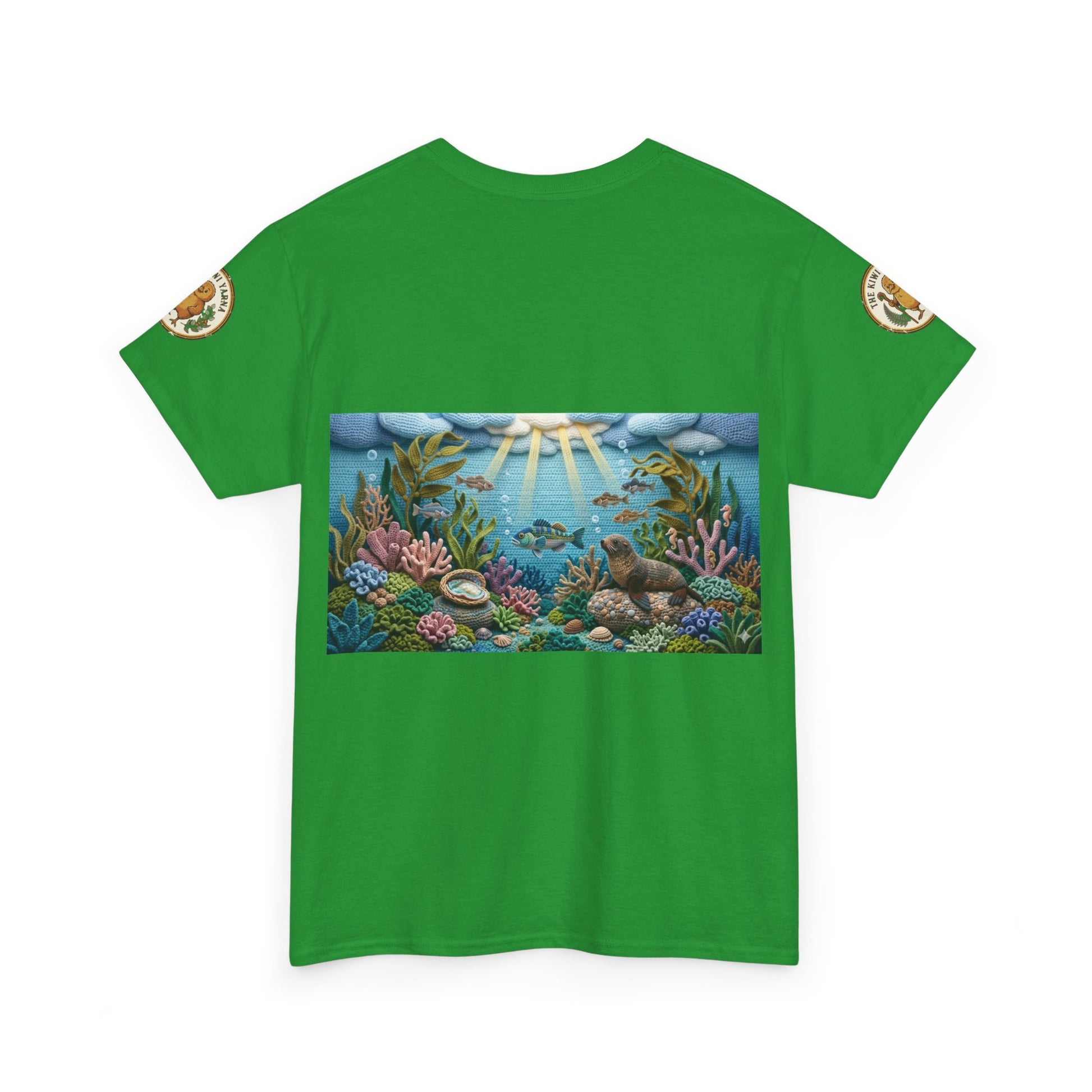 Green crew-neck graphic T-shirt with rectangular ocean scene front print