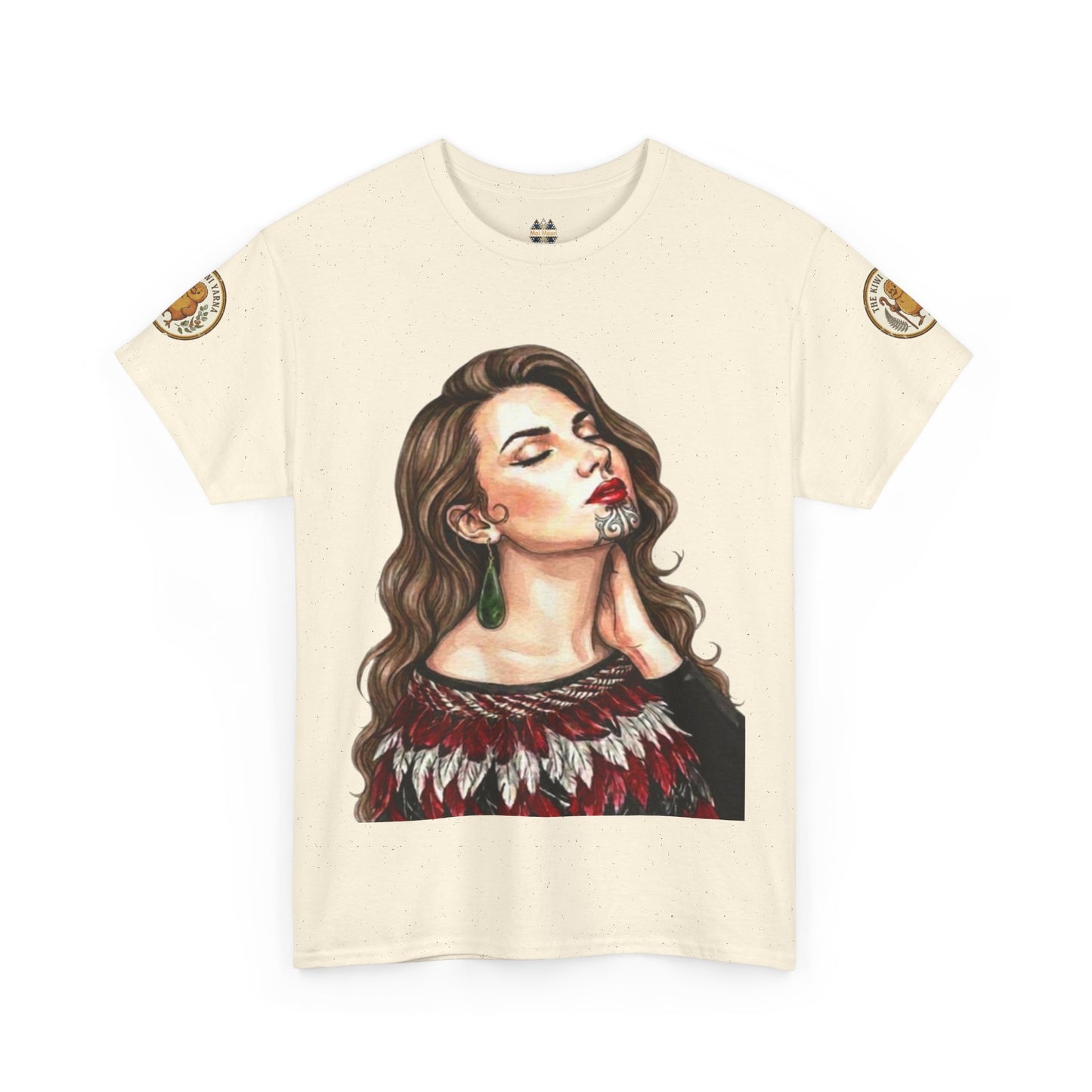 Cream graphic portrait T-shirt with short sleeves and decorative sleeve patches