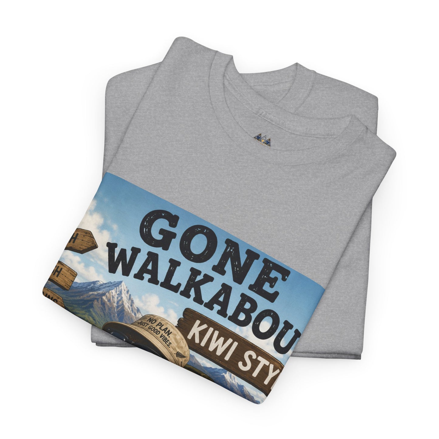 Folded grey T-shirt with 'Gone Walkabout Kiwi Style' front graphic