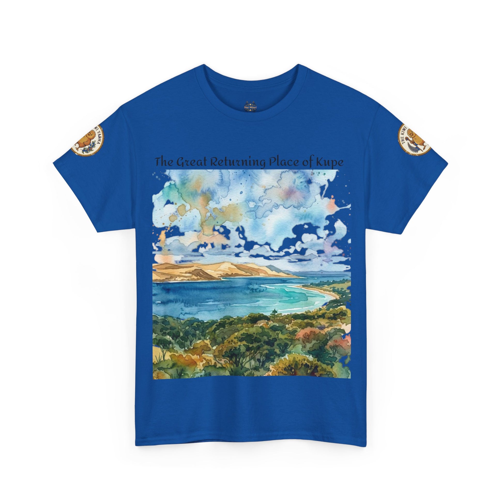Blue graphic crewneck T-shirt with watercolor landscape print and circular sleeve logo