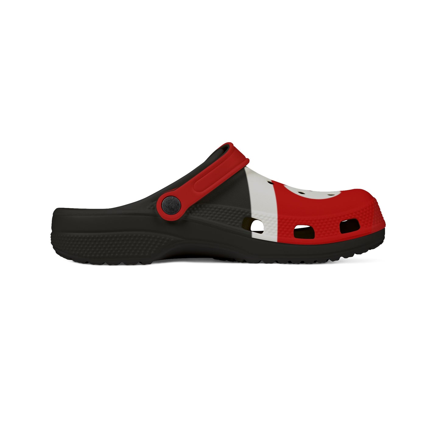 Side view red and black slip-on clogs with adjustable strap and vent holes