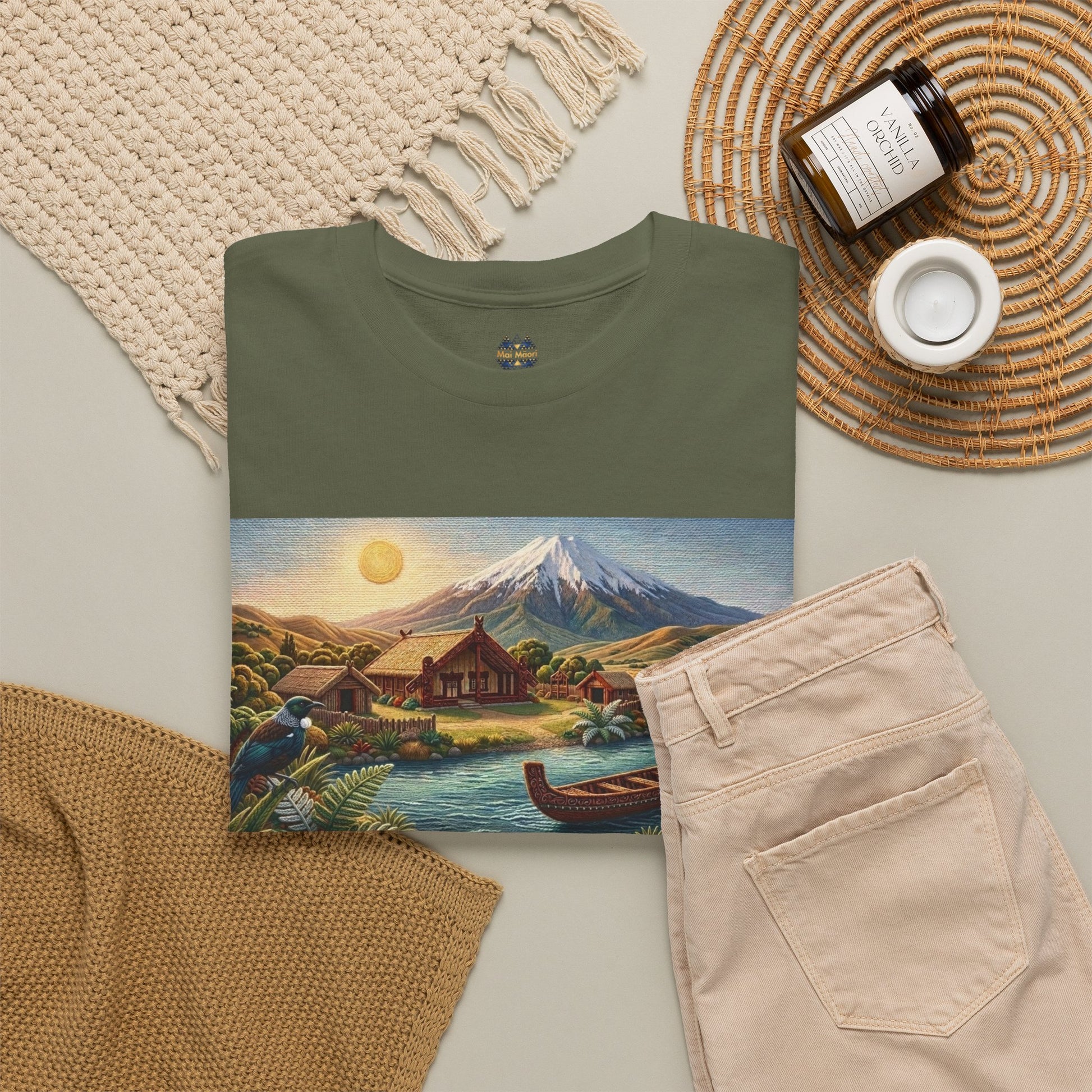 Olive green T-shirt with landscape front graphic and small chest logo