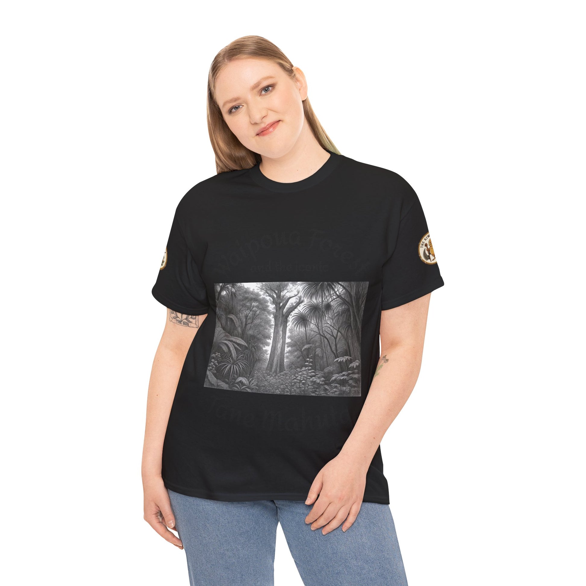 Black T-shirt on a model with centered grayscale forest graphic