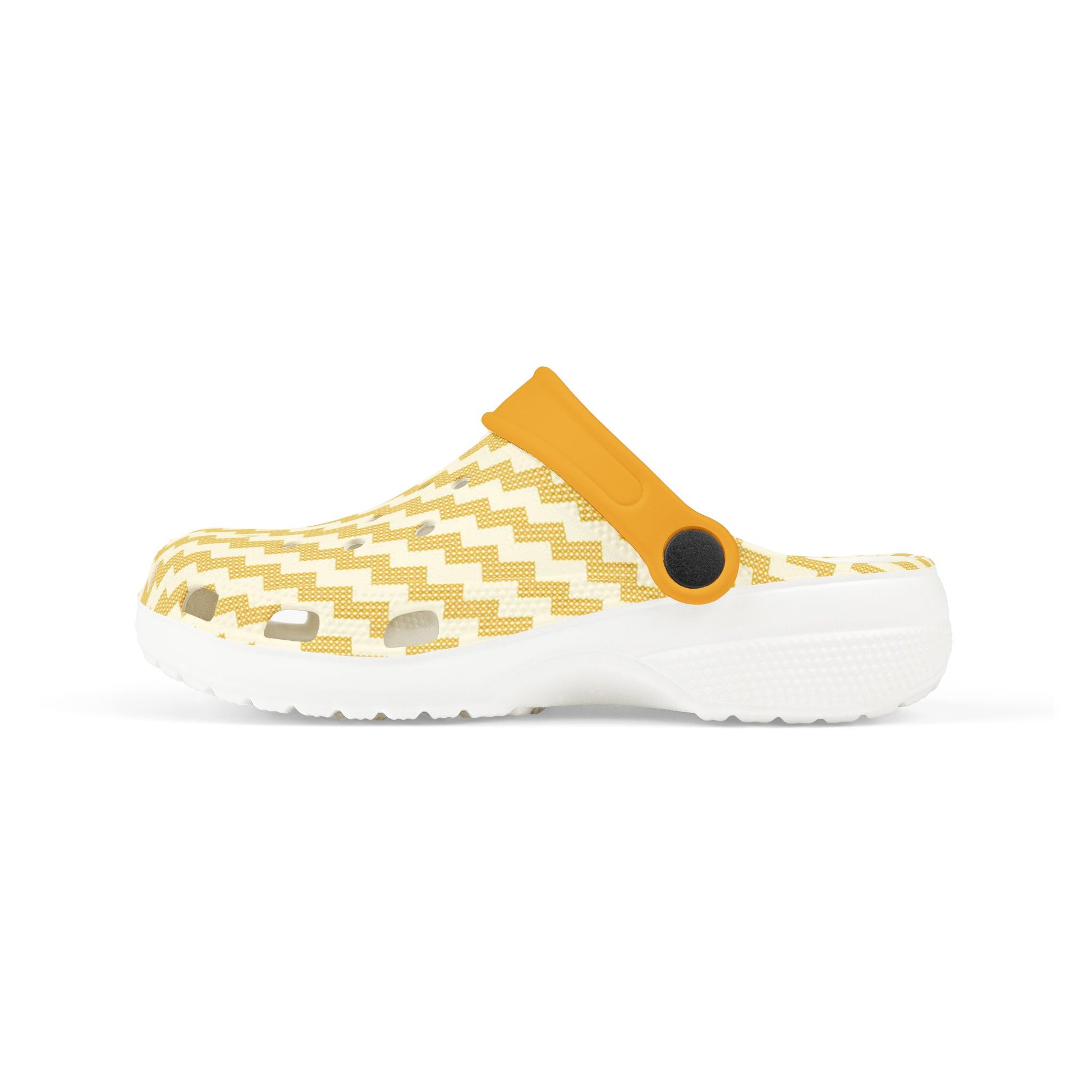 Chevron slip-on clog in mustard with perforations and chunky white sole