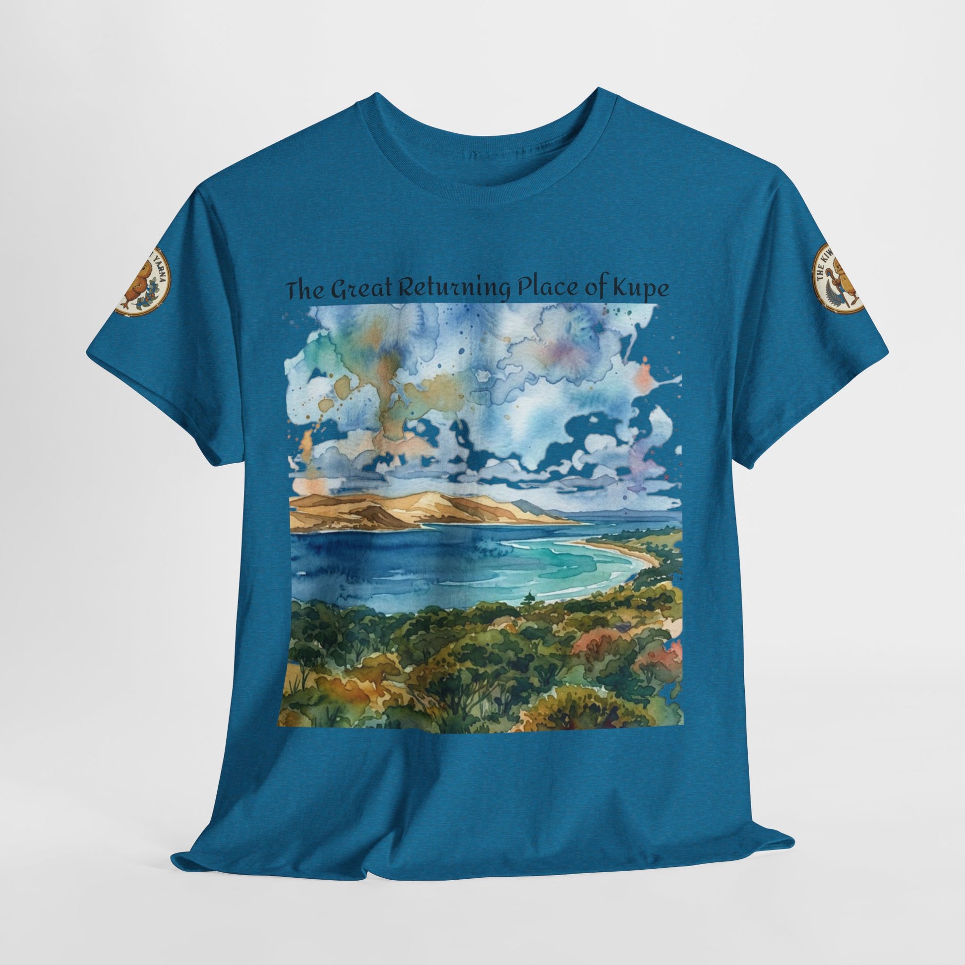 Teal unisex graphic T-shirt with front landscape artwork and dual sleeve emblem patches