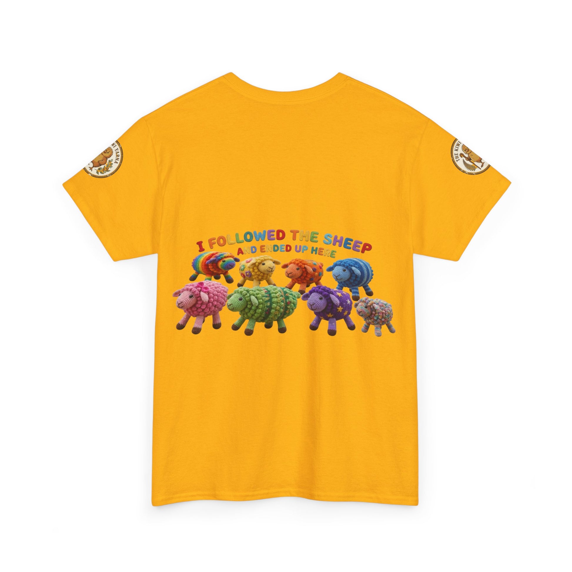 Mustard yellow crewneck T-shirt with front multicolor sheep graphic