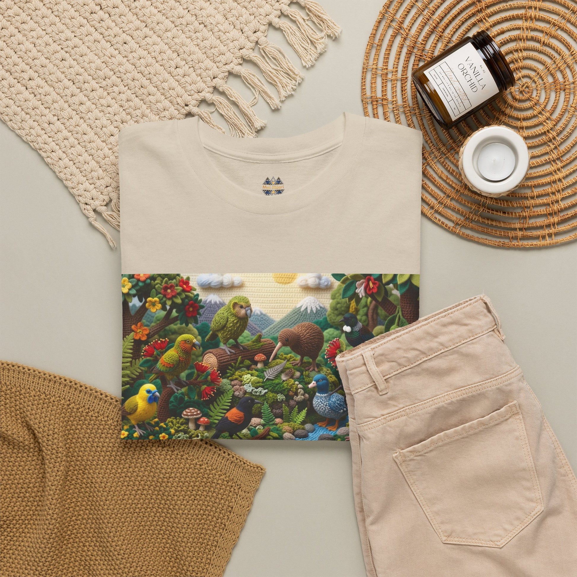 Sand crew-neck T-shirt with birds-and-forest front graphic and small chest logo.