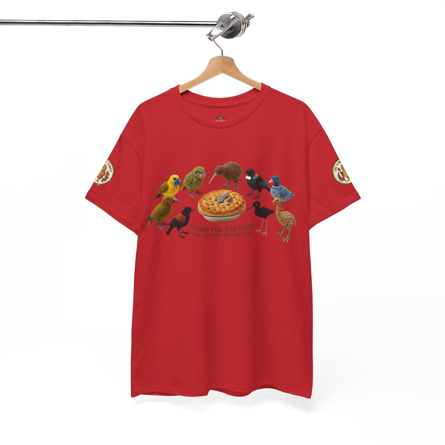 Red short-sleeve T-shirt on hanger, bird-and-pizza front graphic