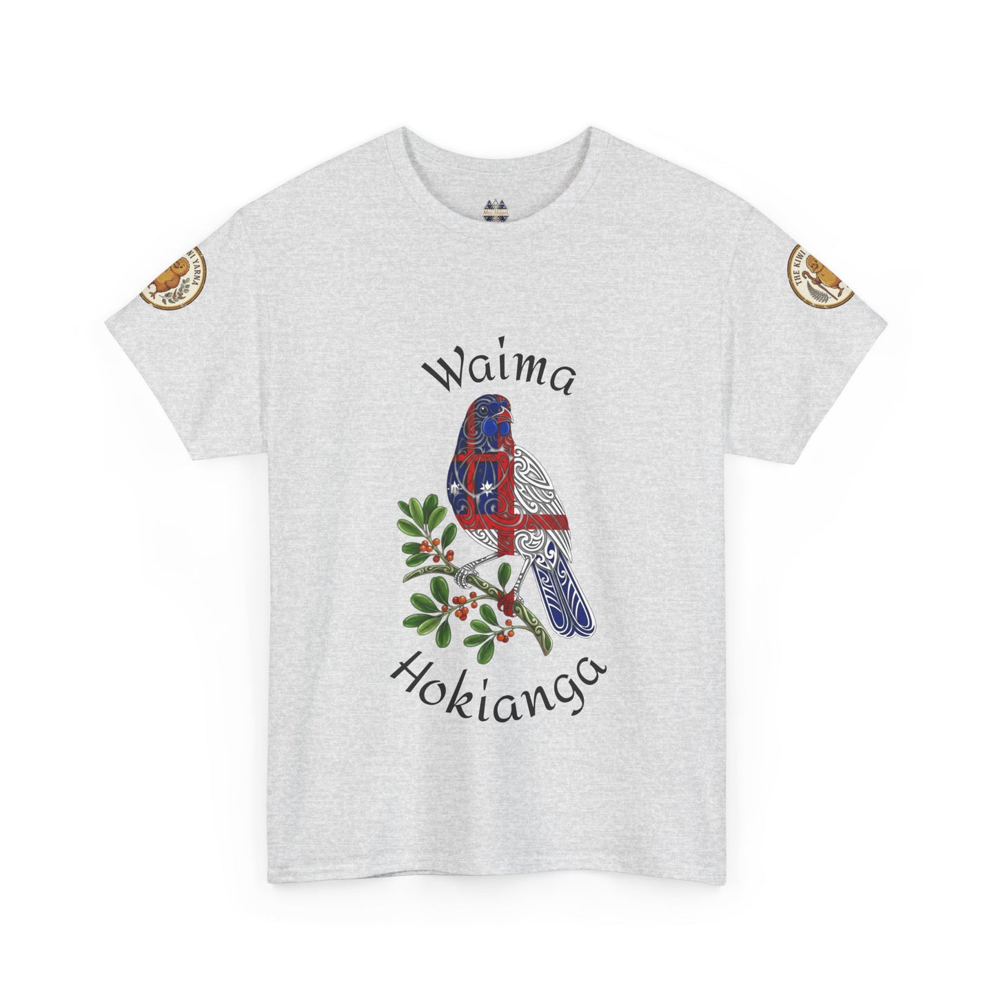 Light grey graphic T-shirt with bird and leaf design, plus circular sleeve patches
