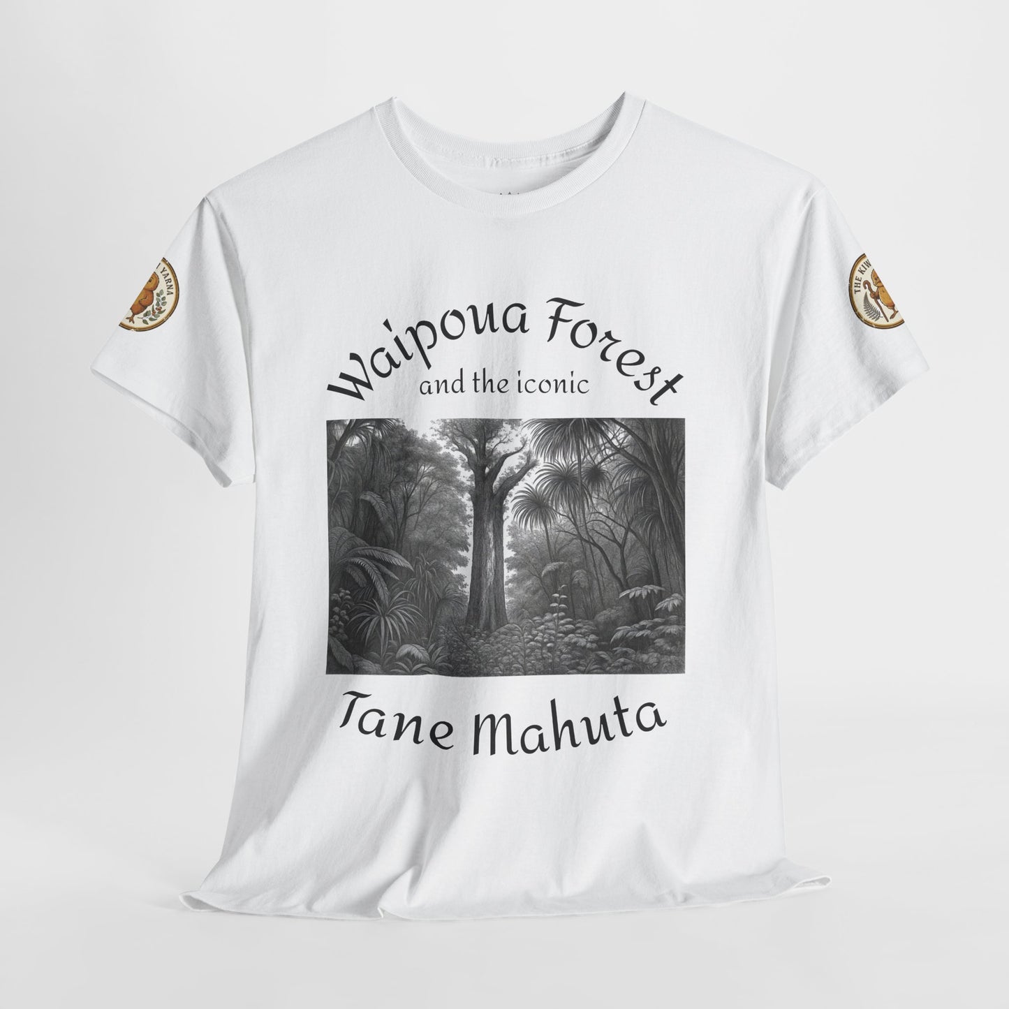 White crew-neck T-shirt with front forest photo-style graphic and sleeve emblems