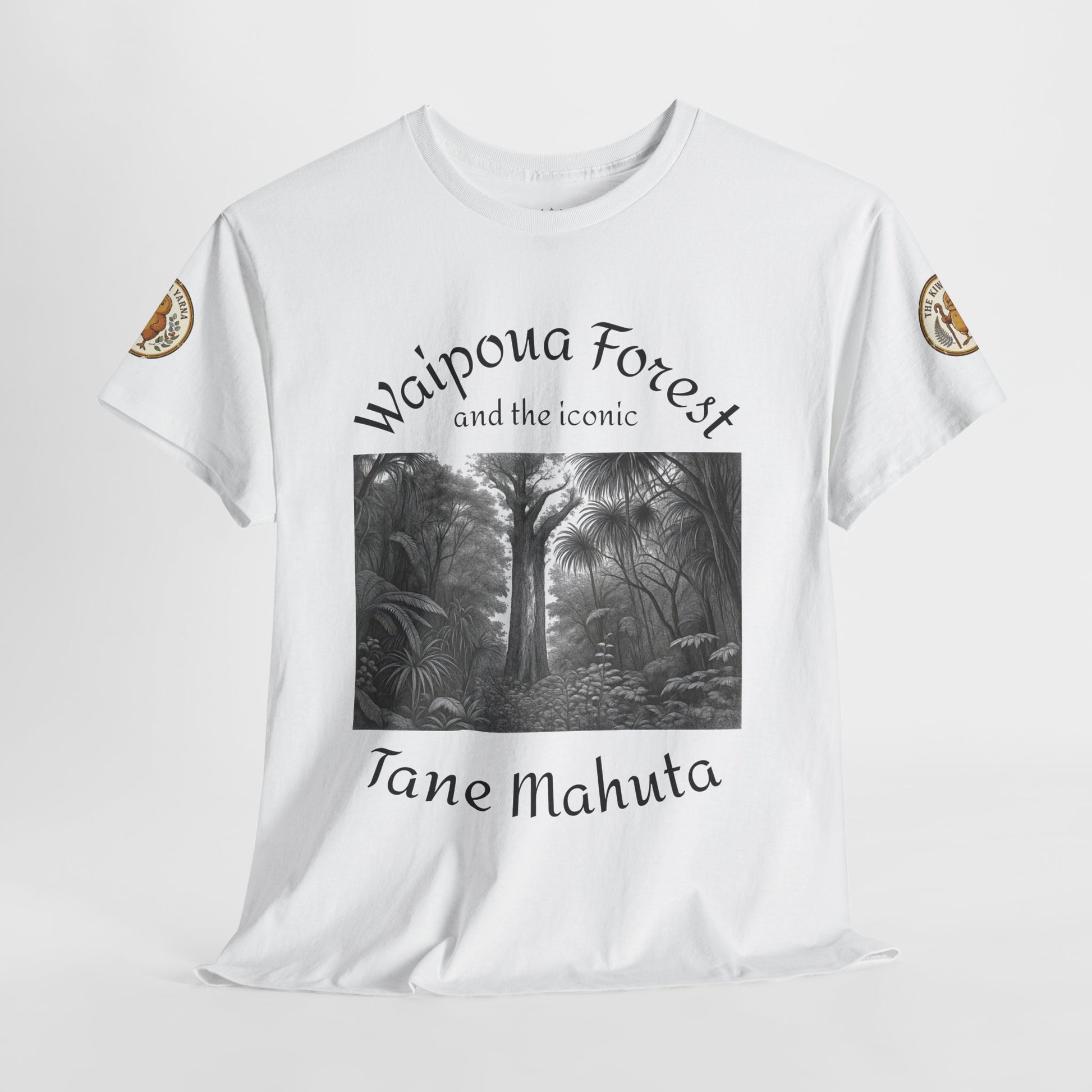 White crew-neck T-shirt with front forest photo-style graphic and sleeve emblems