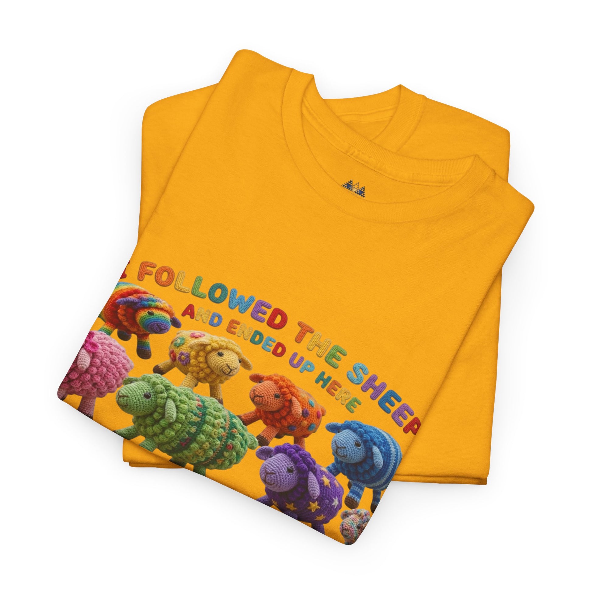 Yellow graphic crewneck T-shirt with colorful sheep herd and “I followed the sheep” text.
