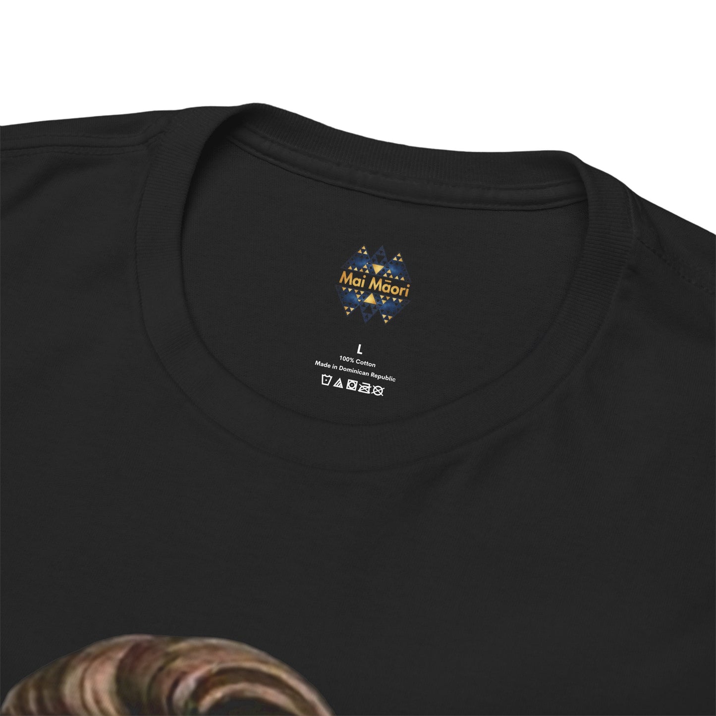 Black T-shirt neckline with small chest logo and printed size/care marks