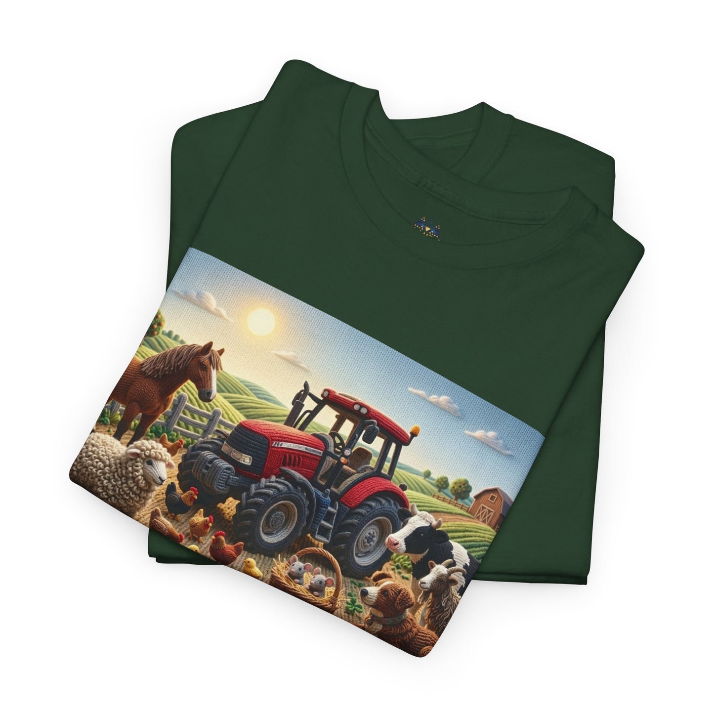 Forest green T-shirt with farm tractor and animals graphic on folded front