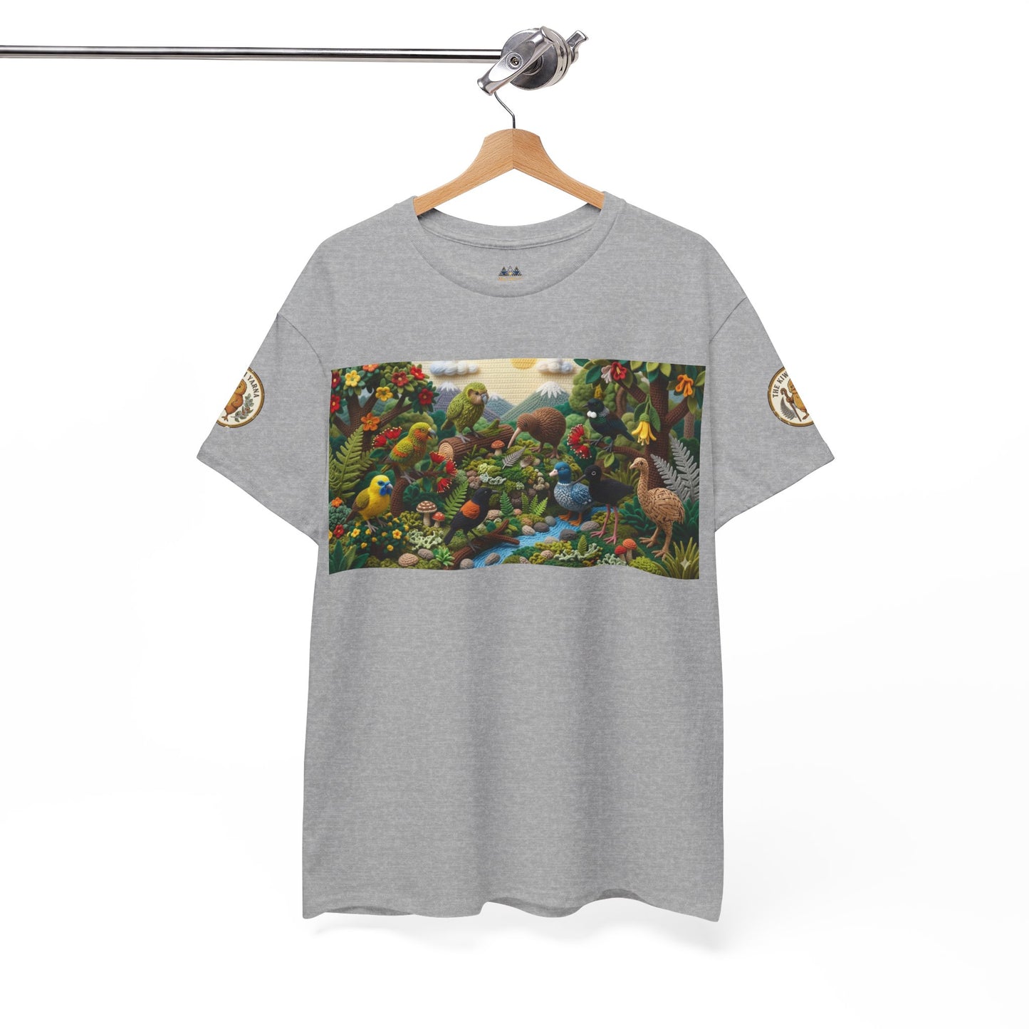 Heather gray short-sleeve T-shirt with colorful bird forest graphic panel