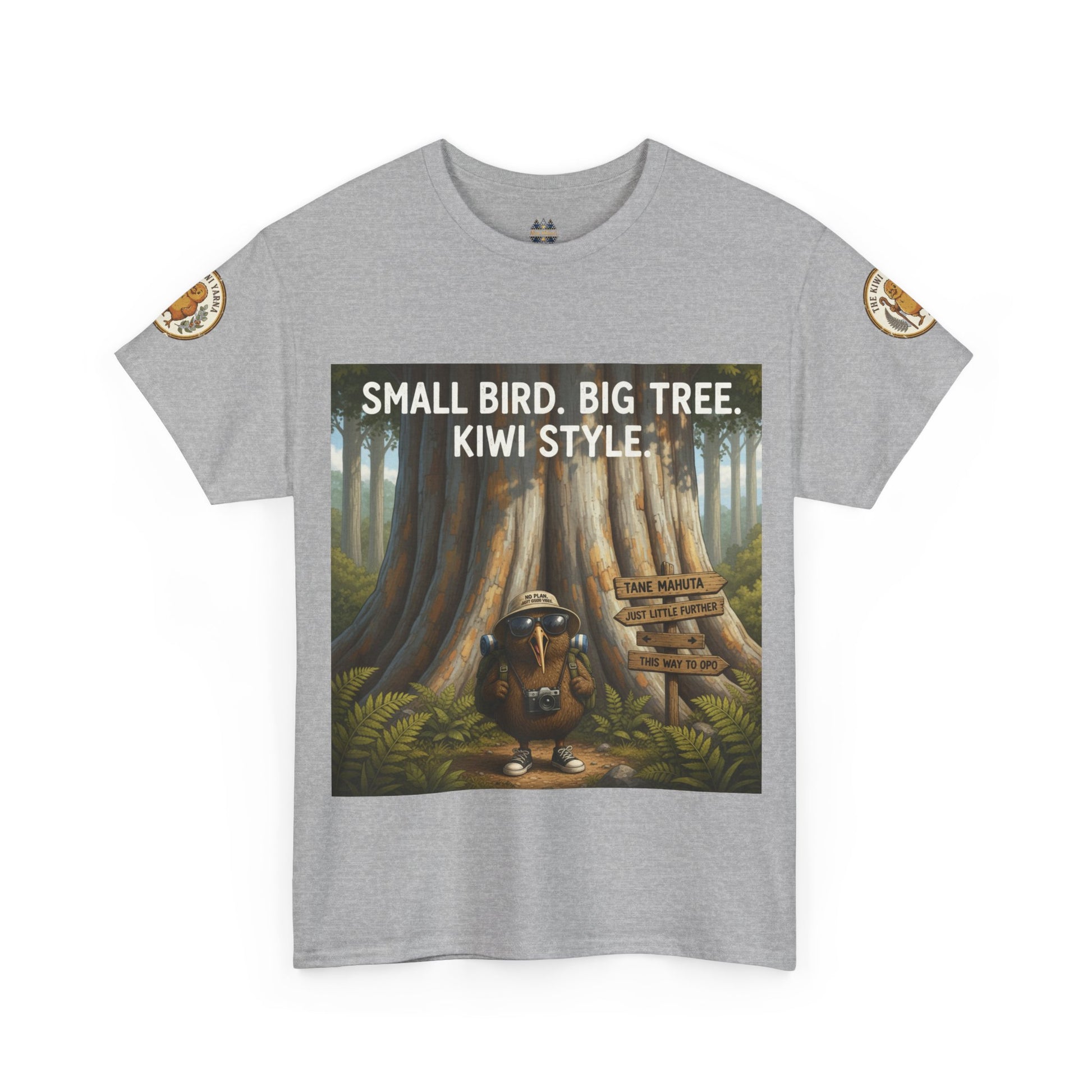 Medium gray crewneck T-shirt with front graphic of kiwi in forest and logo sleeve patches