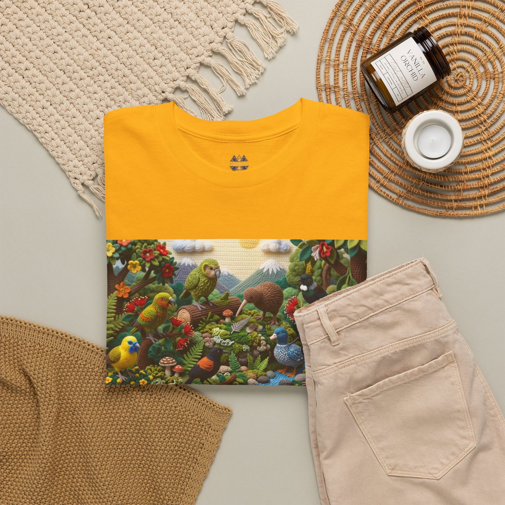 Mustard yellow graphic T-shirt with colorful bird landscape front panel