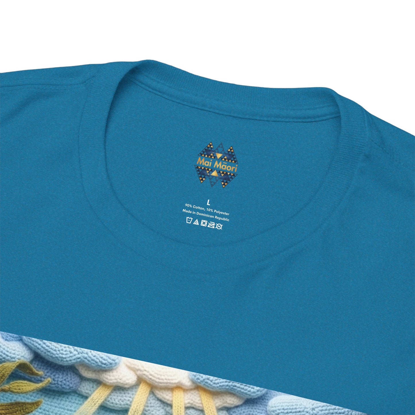 Teal/blue T-shirt neckline close-up with small chest logo print
