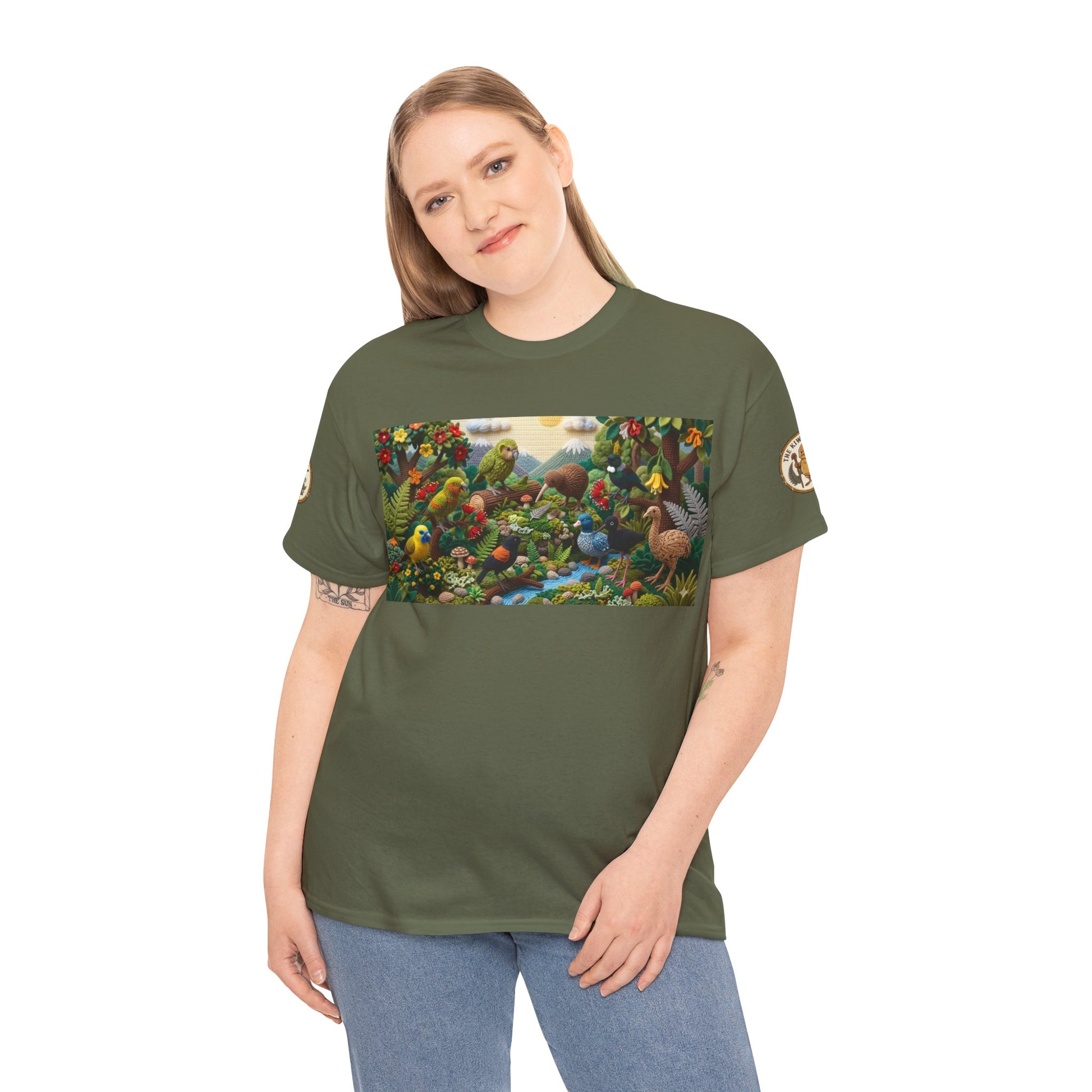 Olive green crewneck T-shirt worn by model with bird-and-forest rectangular front print