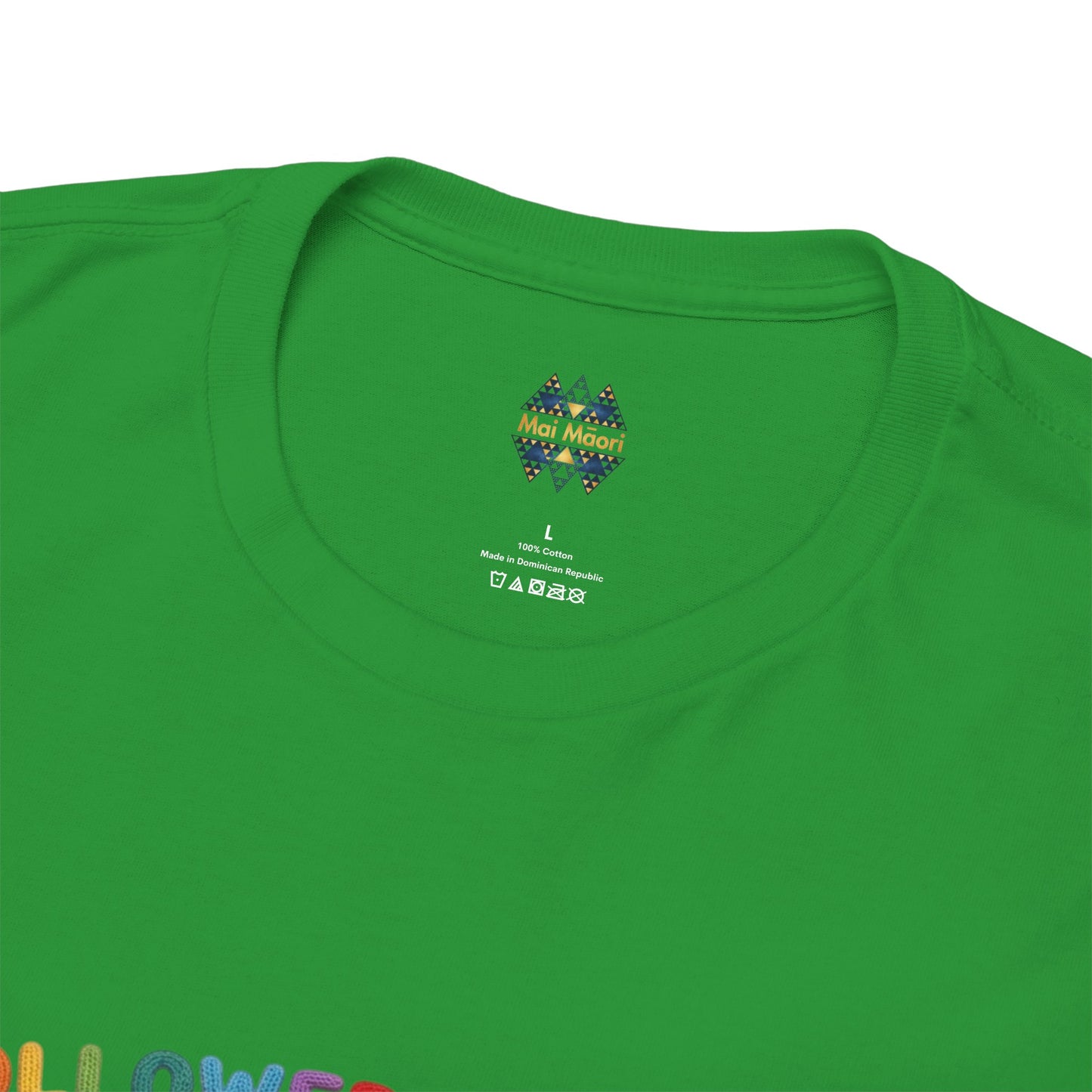 Green crew-neck t-shirt close-up of neckline and small chest label