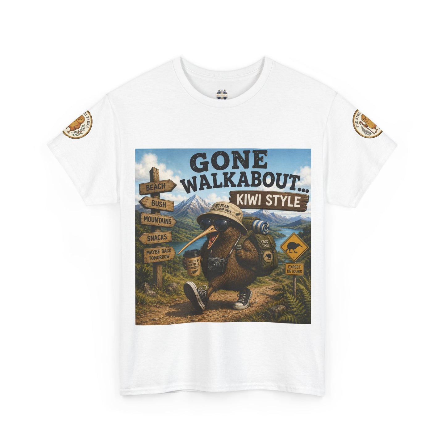 White crew-neck graphic T-shirt with rectangular “Gone Walkabout” kiwi-style front print