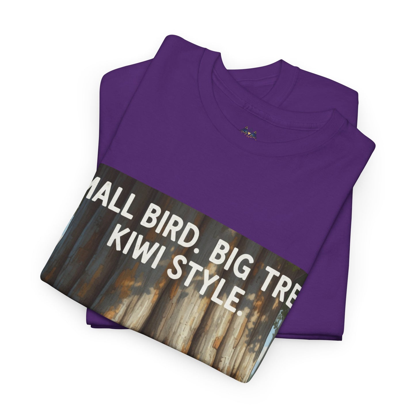 Purple t-shirt with angled front graphic text and tree scene print