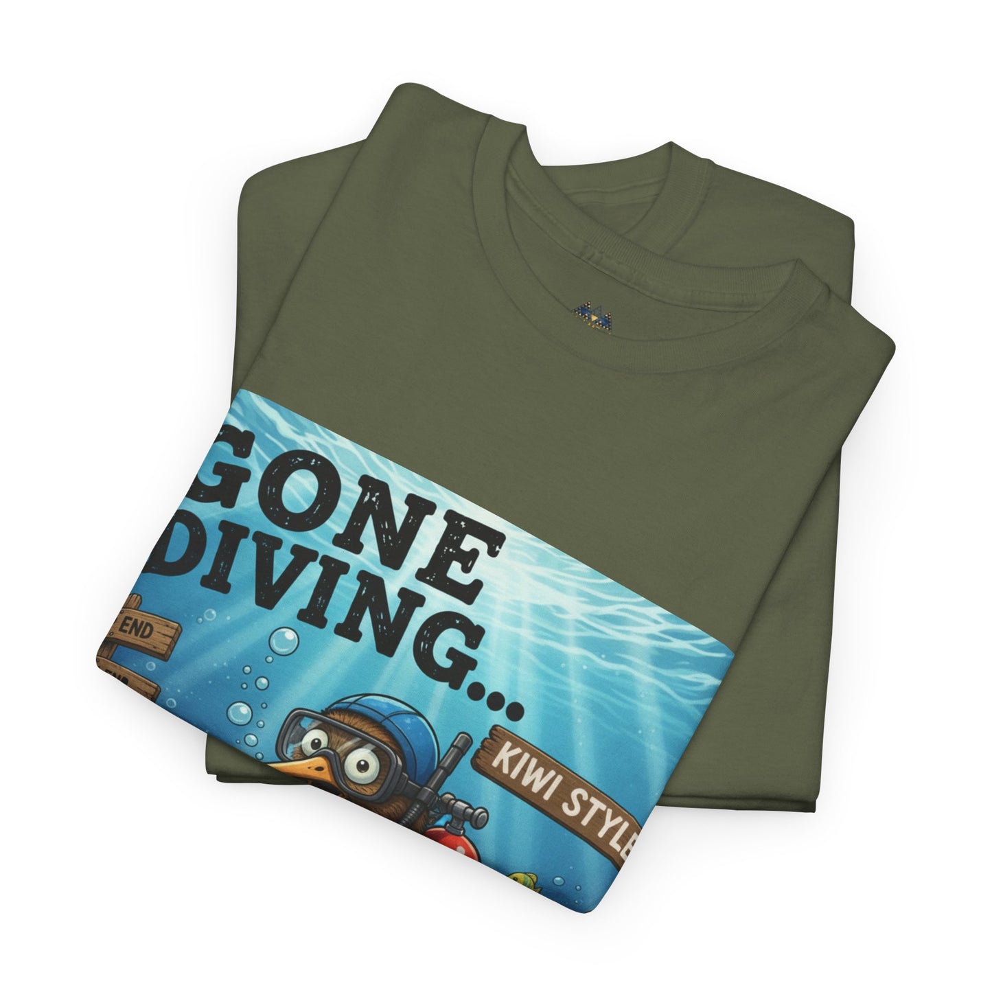 Olive green graphic t-shirt with 'GONE DIVING...' underwater diver panel