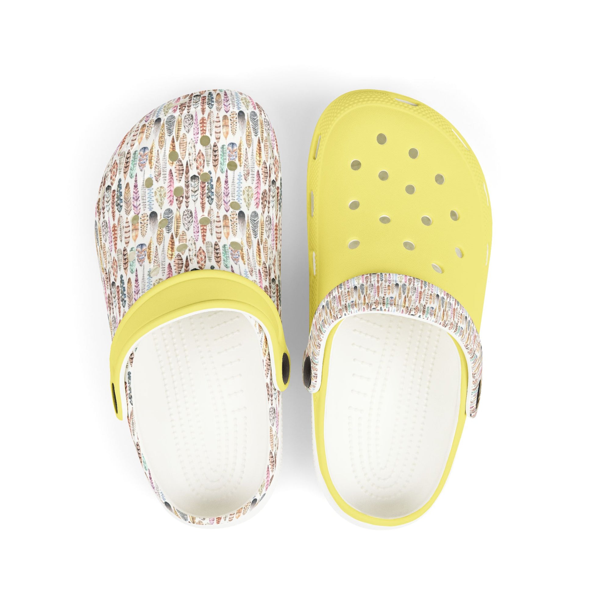 Croc-style clogs with yellow upper, white patterned fabric, and perforated toe caps