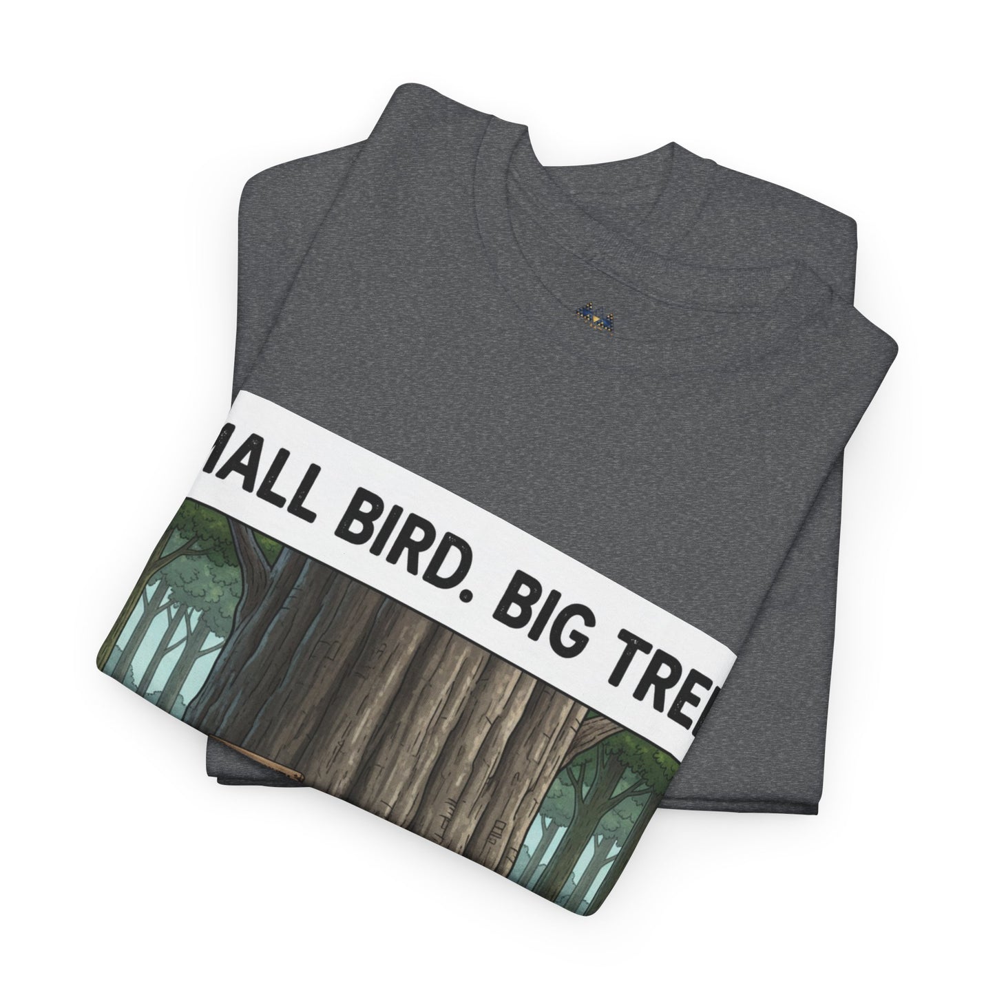Gray heather T-shirt folded, showing 'BIG TREE' text and forest print