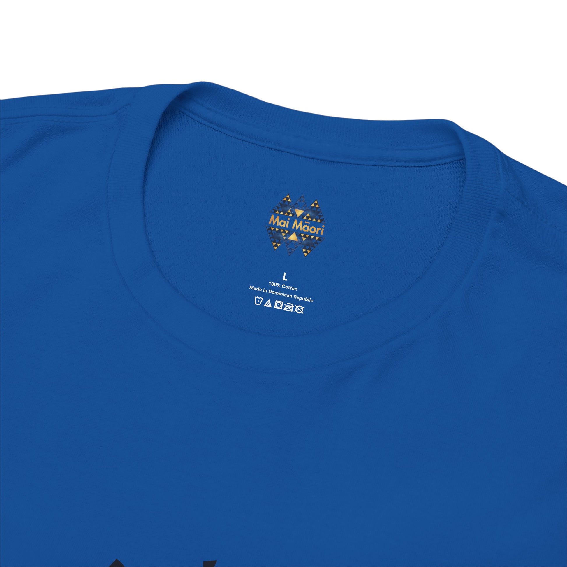 Blue T-shirt neckline with small chest logo