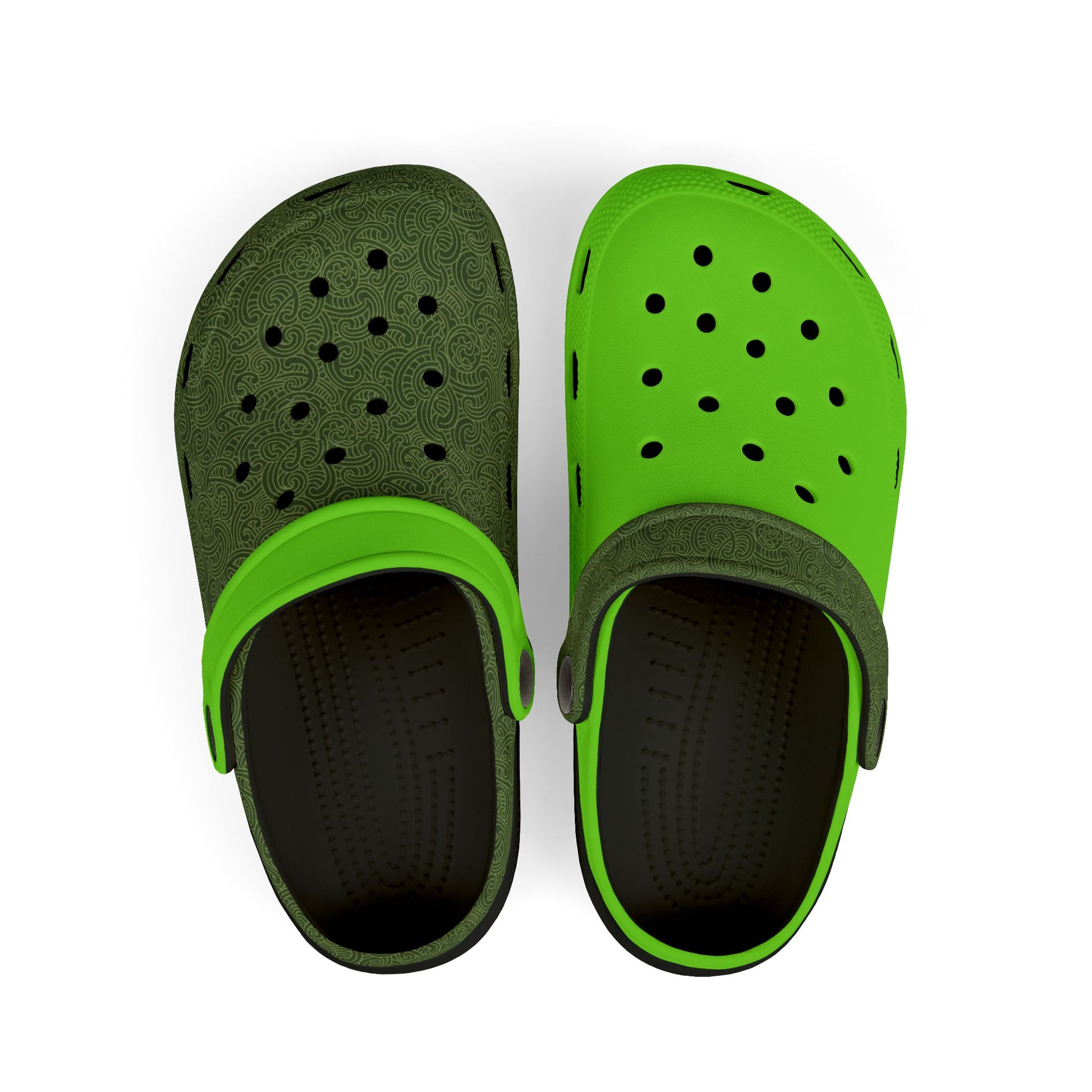 Piripiri perforated clog, dark green upper with bright green accents