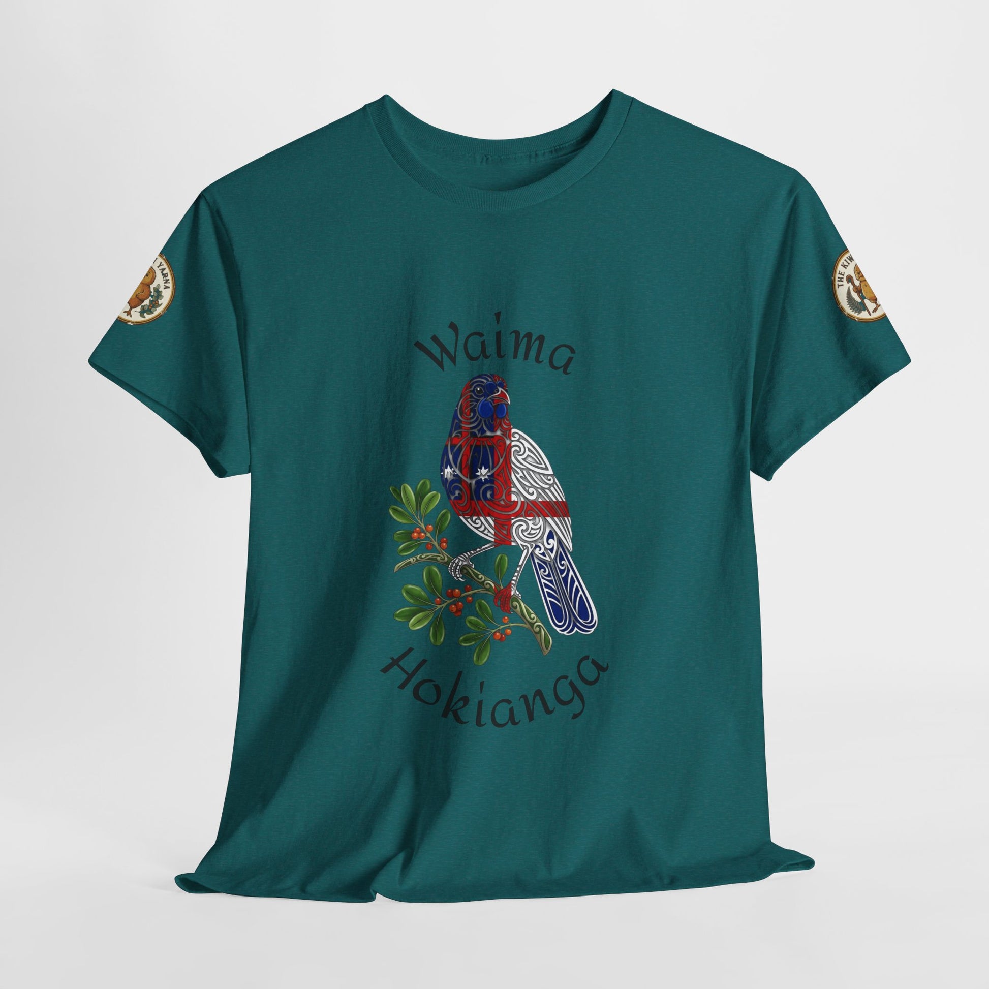 Teal crew-neck T-shirt with bird-and-floral front graphic and round sleeve badges