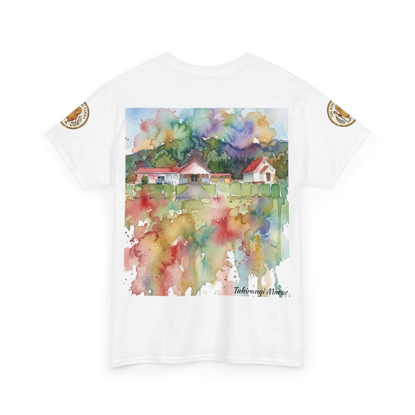 White T-shirt with watercolor landscape print and small shoulder patches.