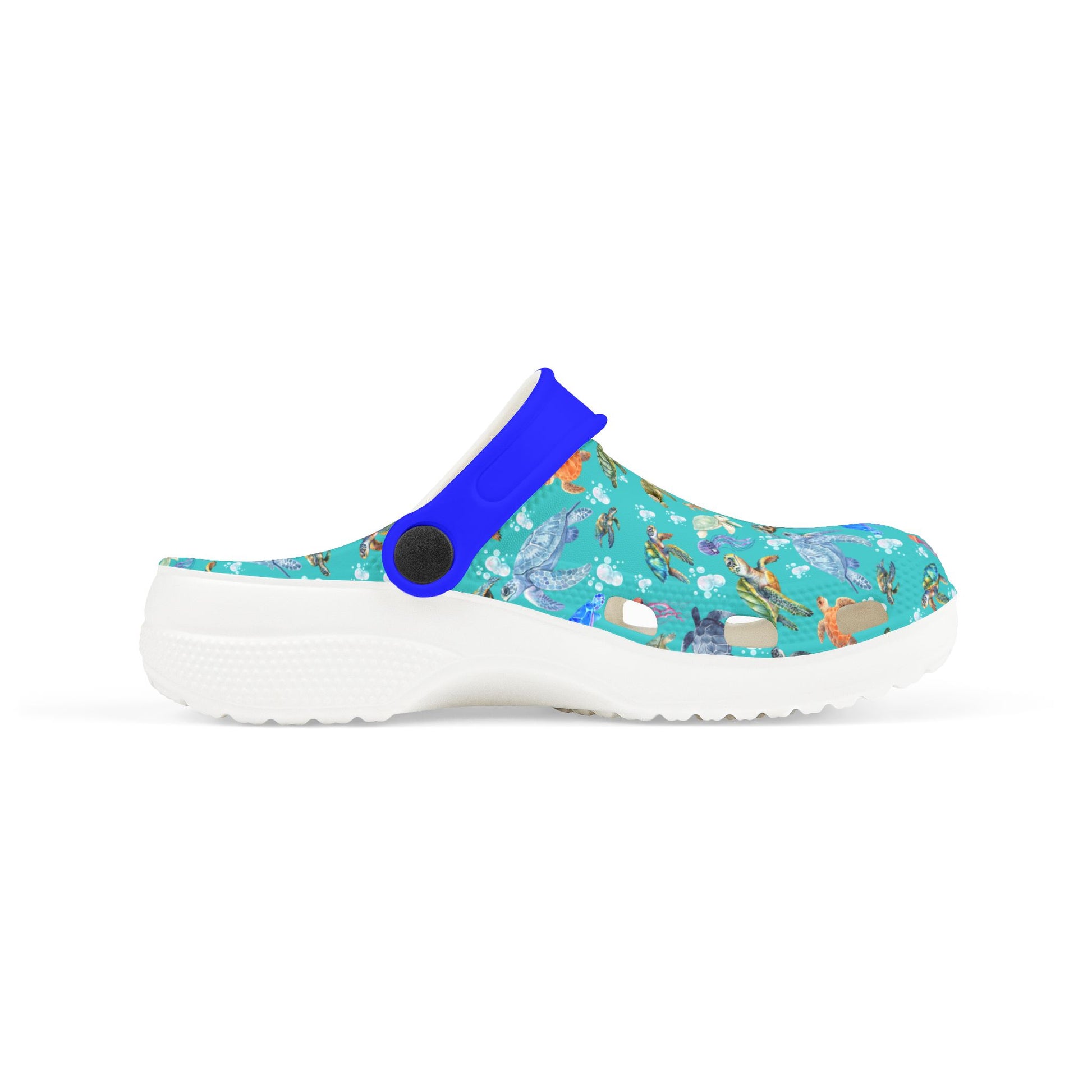 Kids slip-on clogs side view with teal marine print upper, blue top, and white sole