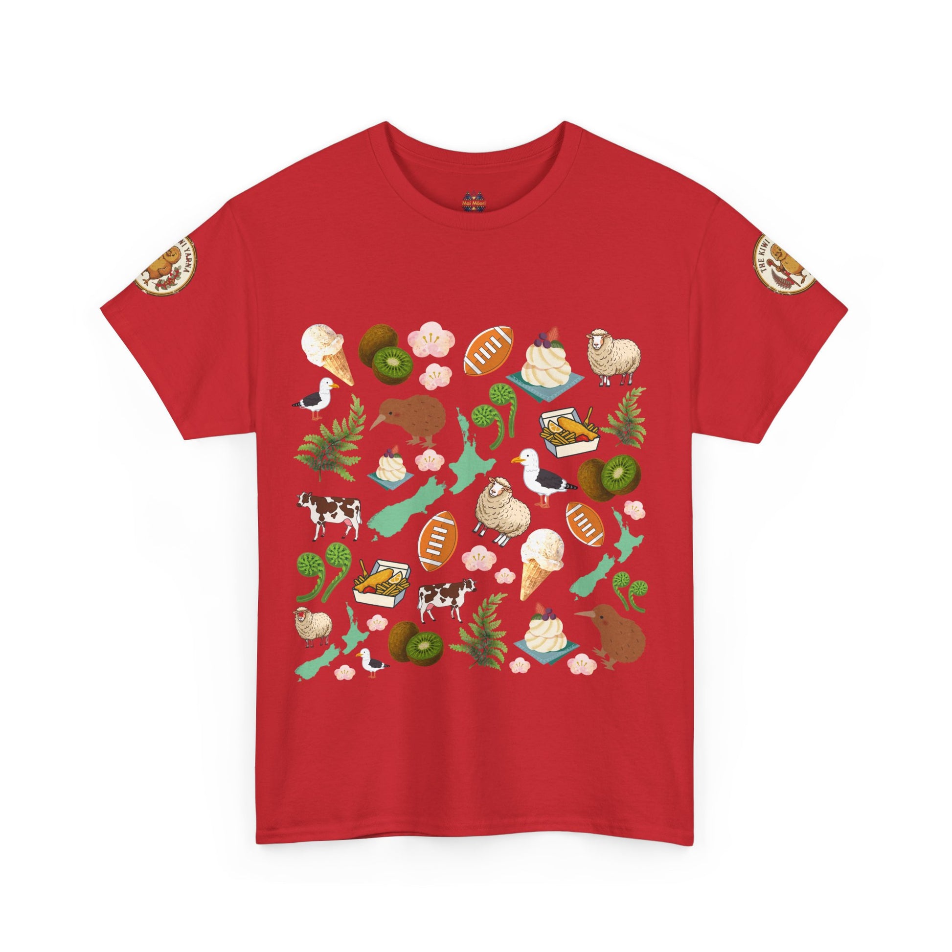 Red short-sleeve T-shirt with colorful Kiwiana animal and fruit graphic print
