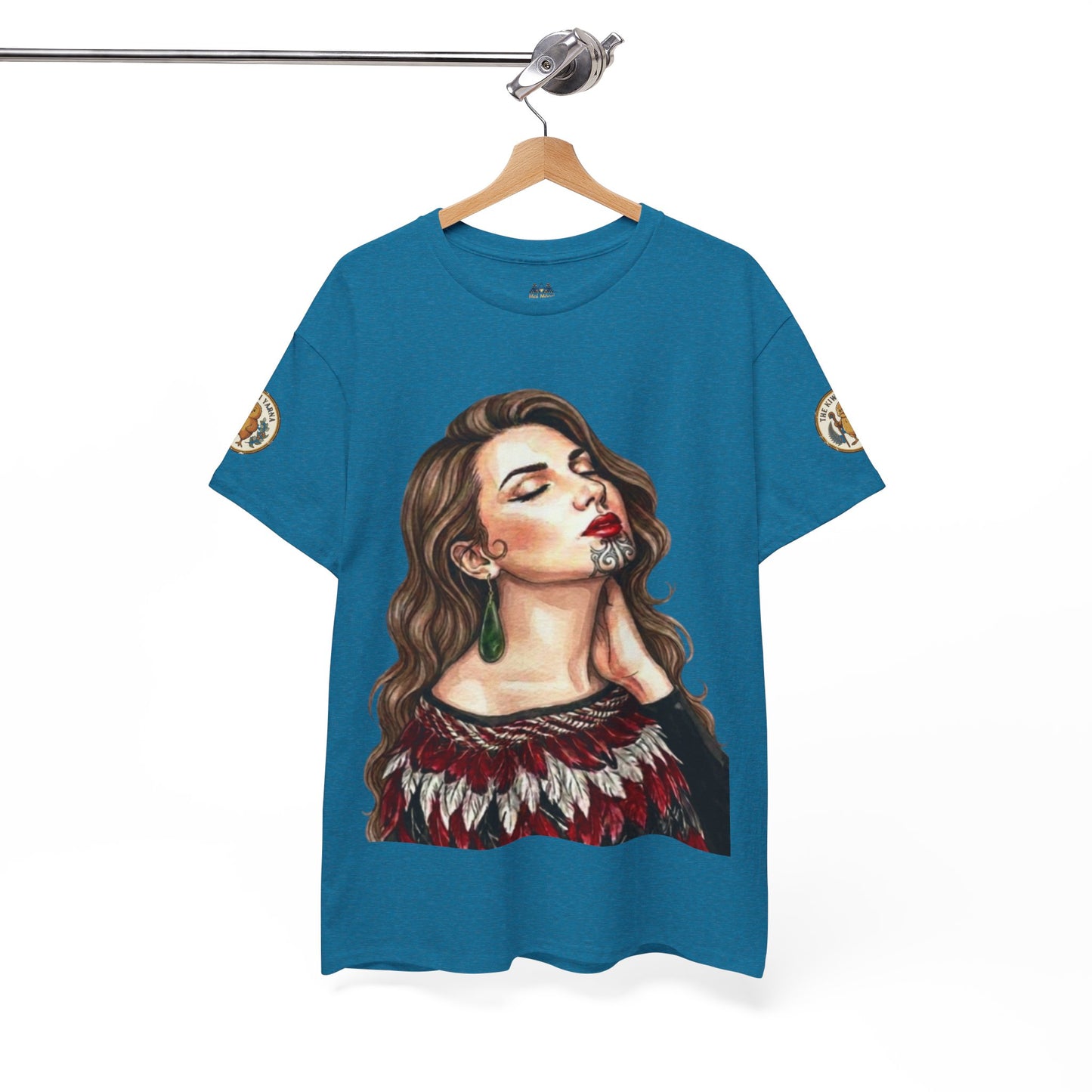Teal graphic T-shirt with front portrait print and circular sleeve patch details