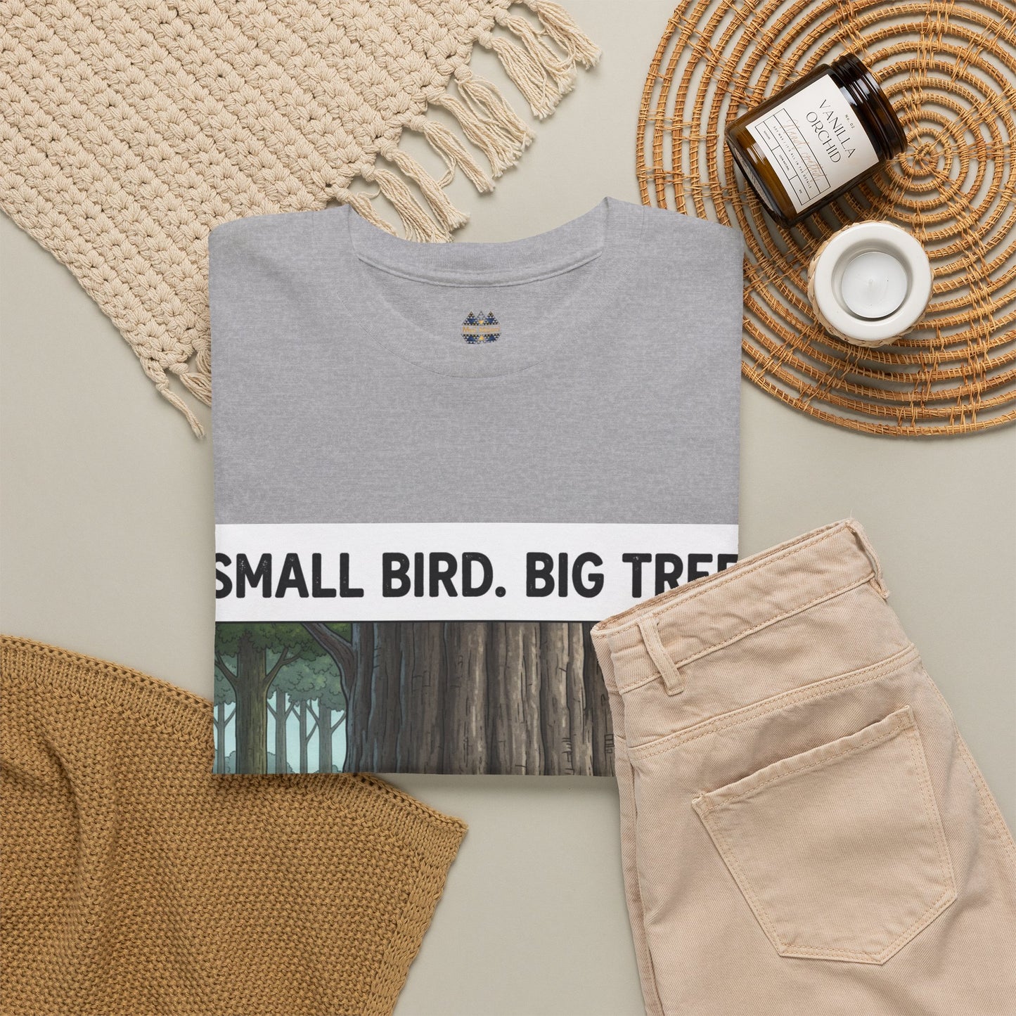 Gray T-shirt chest graphic partially visible with 'SMALL BIRD. BIG TR' text