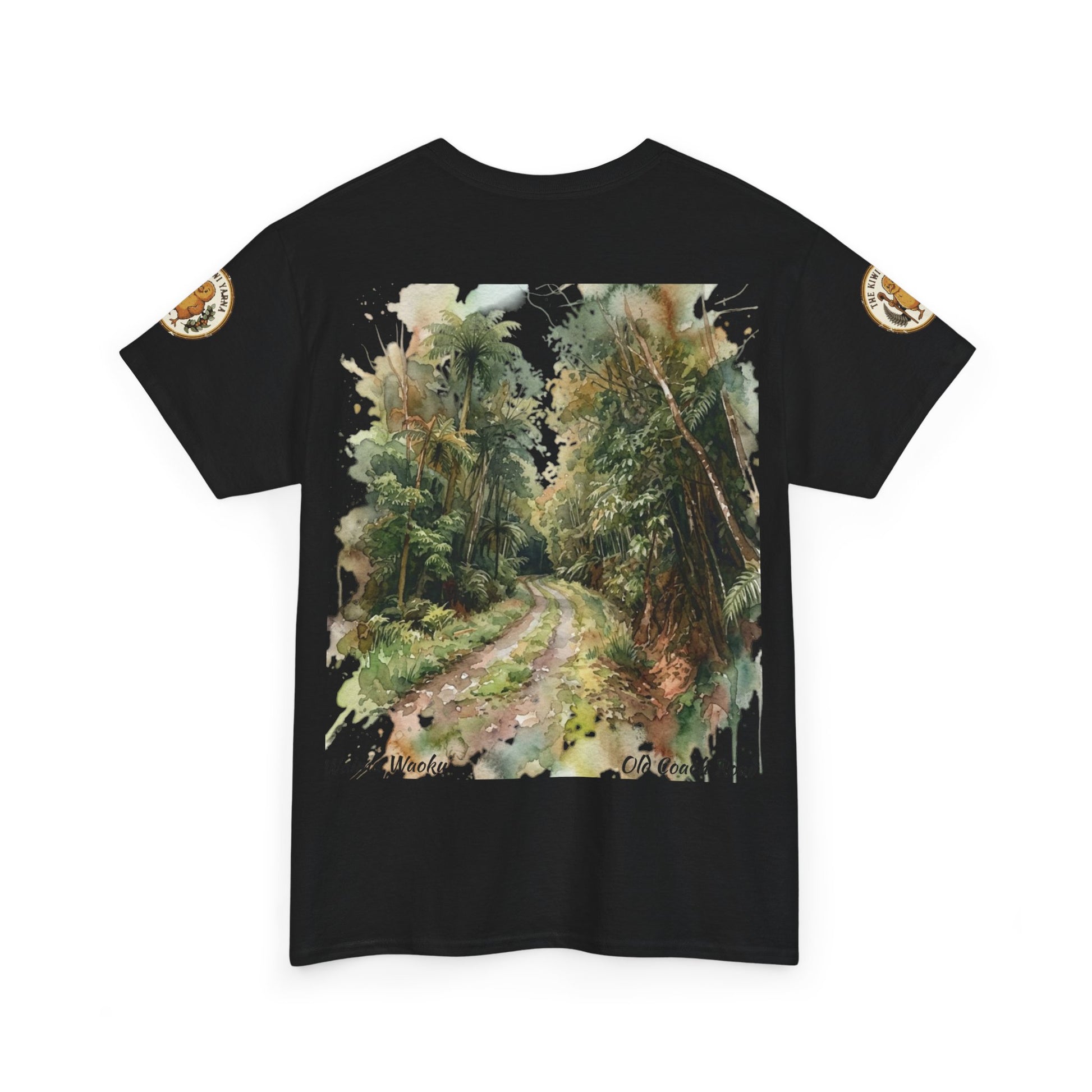 Black T-shirt with large nature landscape print on the front and circular sleeve patches