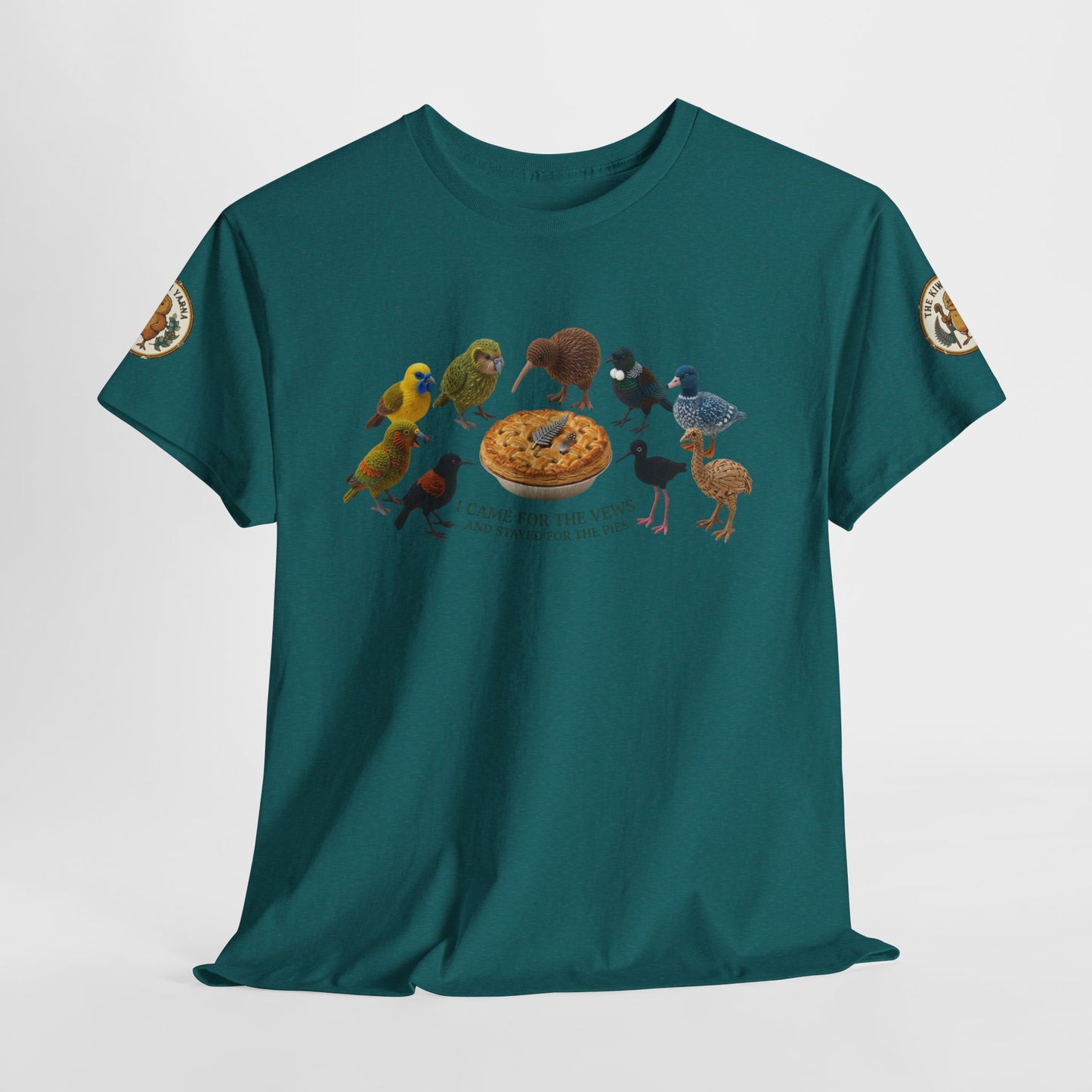Teal short-sleeve T-shirt with center bird-and-pizza graphic and small sleeve patches