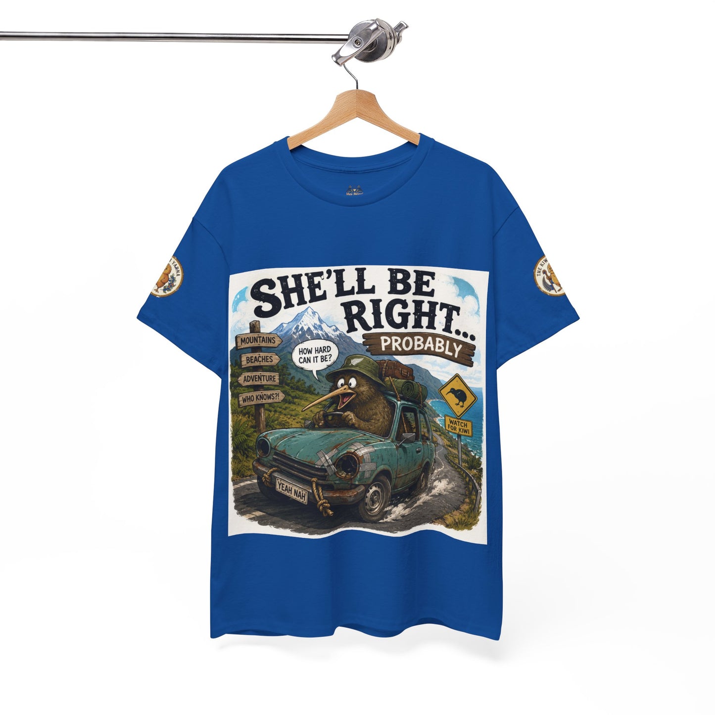 Blue crew-neck T-shirt on hanger with front mountain graphic and badge sleeves