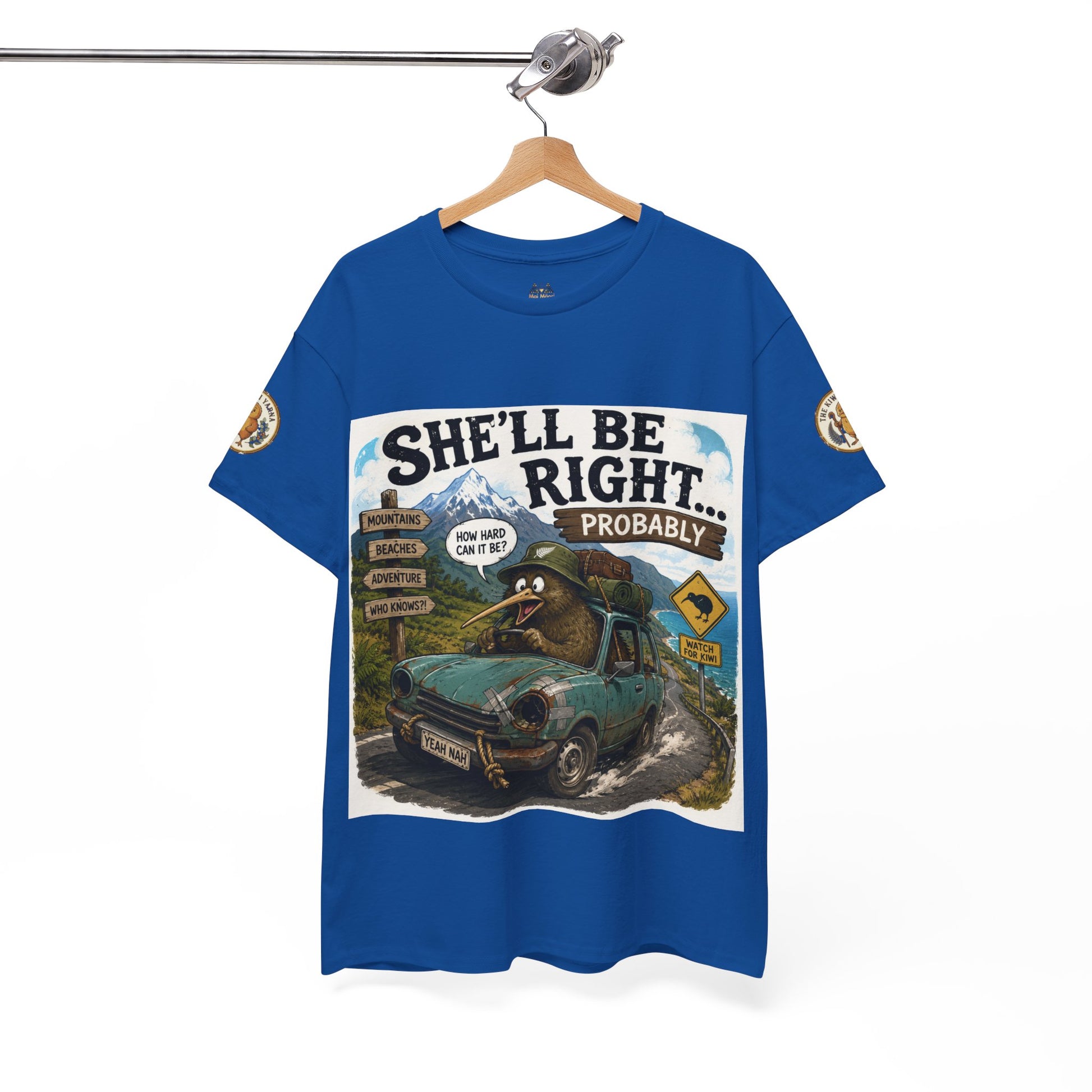 Blue crew-neck T-shirt on hanger with front mountain graphic and badge sleeves