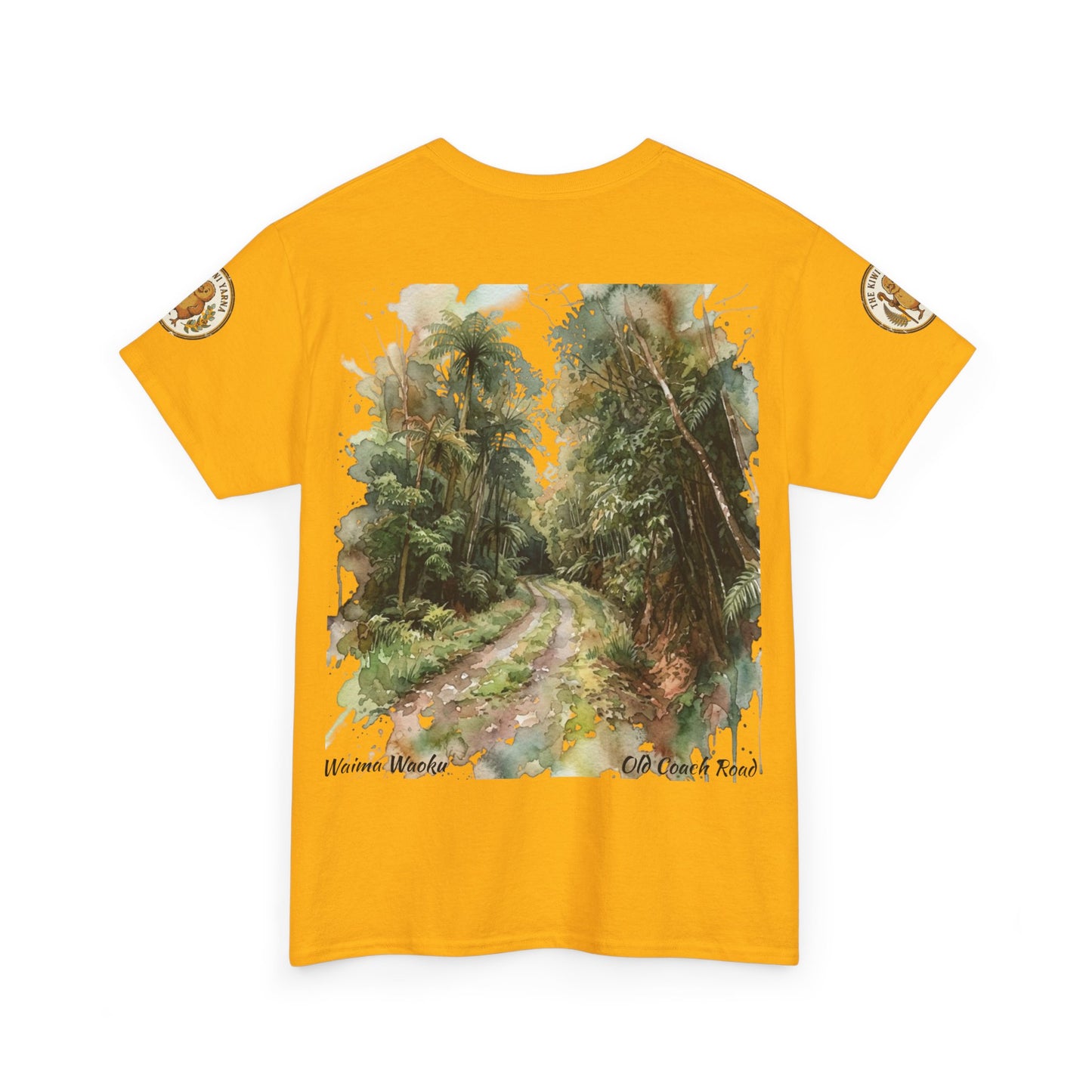 Yellow crew-neck T-shirt with landscape scene graphic and small side sleeve patches.